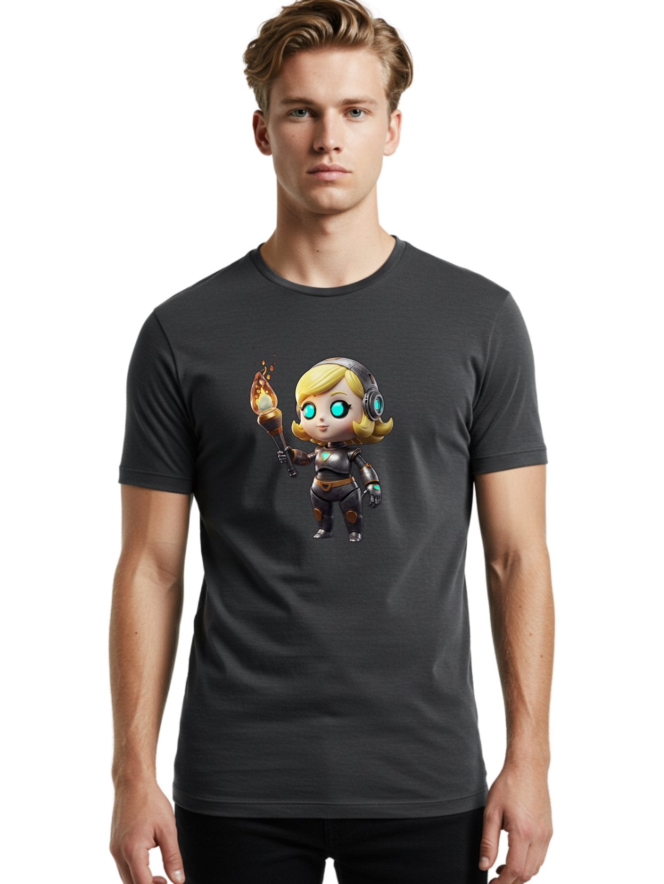 Cyberpunk-Girl Men'S Graphic Tee, 100% Cotton, Comfortable Casual Summer Wear, Machine Washable, Cartoon Girl, Robotic Armor, Futuristic Look, Blonde Hair, Blue Eyes, Torch In Hand, Flame Emitting Sparks, High-Tech Aesthetic, Cyberpunk Style, Bac970 20