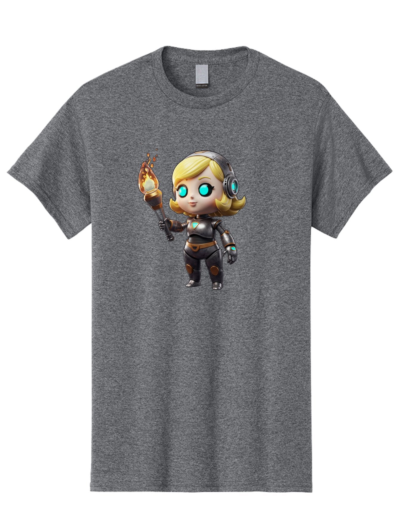 Cyberpunk-Girl Men'S Graphic Tee, 100% Cotton, Comfortable Casual Summer Wear, Machine Washable, Cartoon Girl, Robotic Armor, Futuristic Look, Blonde Hair, Blue Eyes, Torch In Hand, Flame Emitting Sparks, High-Tech Aesthetic, Cyberpunk Style, Bac970 15