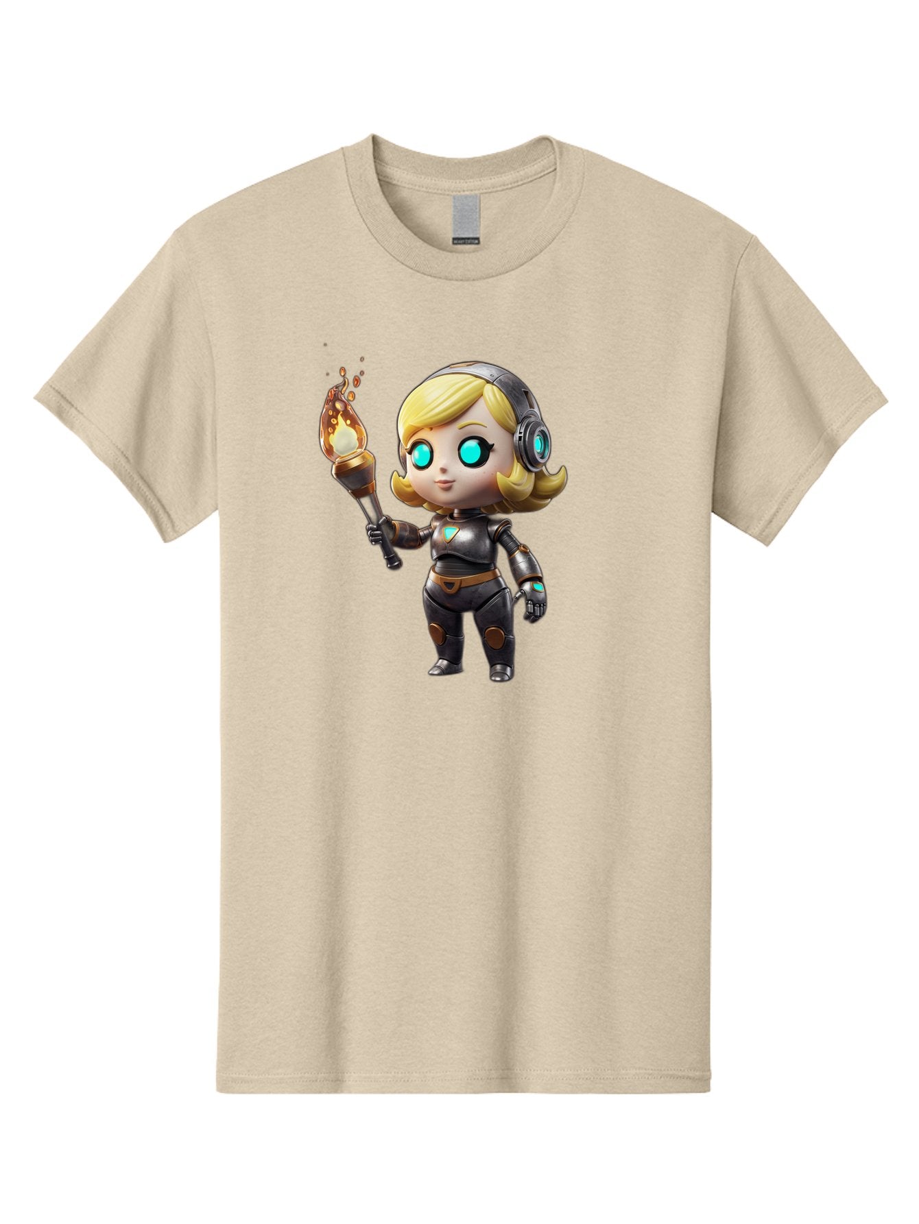 Cyberpunk-Girl Men'S Graphic Tee, 100% Cotton, Comfortable Casual Summer Wear, Machine Washable, Cartoon Girl, Robotic Armor, Futuristic Look, Blonde Hair, Blue Eyes, Torch In Hand, Flame Emitting Sparks, High-Tech Aesthetic, Cyberpunk Style, Bac970 10