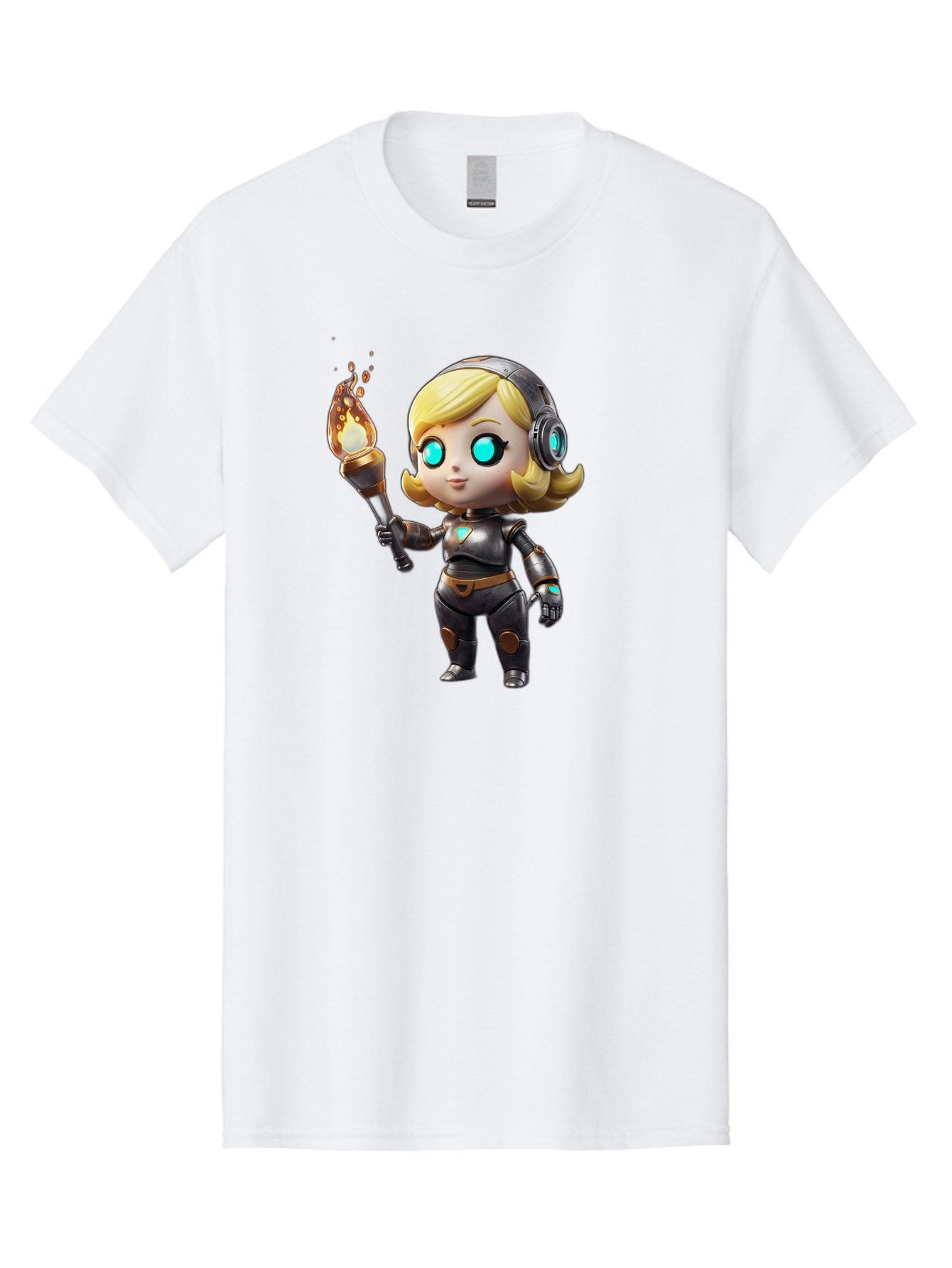 Cyberpunk-Girl Men'S Graphic Tee, 100% Cotton, Comfortable Casual Summer Wear, Machine Washable, Cartoon Girl, Robotic Armor, Futuristic Look, Blonde Hair, Blue Eyes, Torch In Hand, Flame Emitting Sparks, High-Tech Aesthetic, Cyberpunk Style, Bac970 12