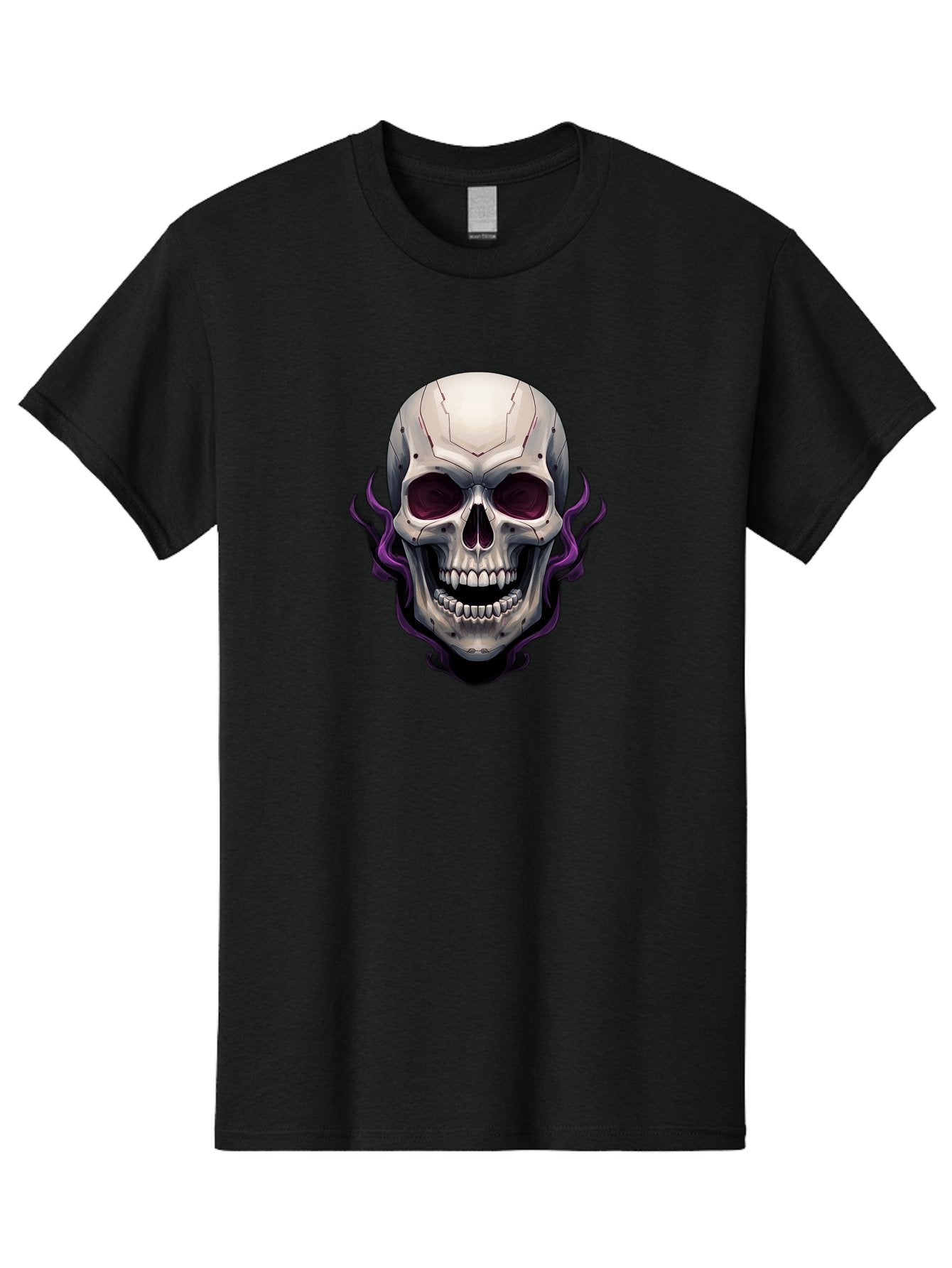 Cyborg-Skull Men'S Graphic Tee, 100% Cotton, Comfortable Casual Summer Wear, Machine Washable, Metallic Skull, Robotic Face, Purple Smoke, Futuristic Design, Cyberpunk Aesthetic, Dark Art, Halloween Theme, Gothic Style, Metal Texture, Bac971 13