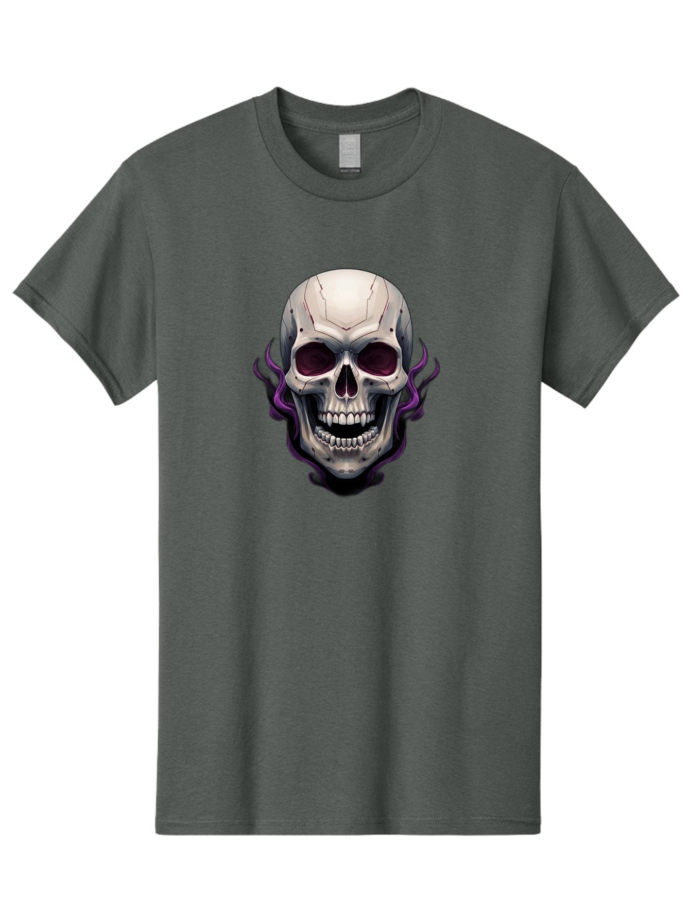 Cyborg-Skull Men'S Graphic Tee, 100% Cotton, Comfortable Casual Summer Wear, Machine Washable, Metallic Skull, Robotic Face, Purple Smoke, Futuristic Design, Cyberpunk Aesthetic, Dark Art, Halloween Theme, Gothic Style, Metal Texture, Bac971