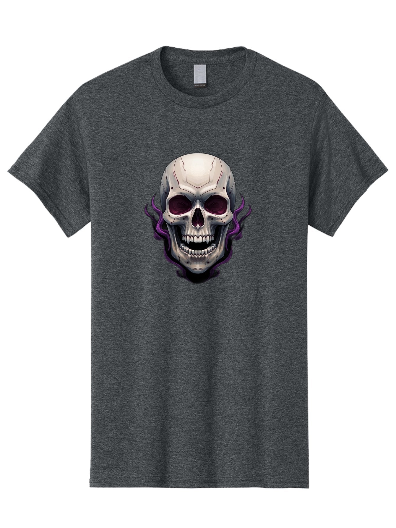 Cyborg-Skull Men'S Graphic Tee, 100% Cotton, Comfortable Casual Summer Wear, Machine Washable, Metallic Skull, Robotic Face, Purple Smoke, Futuristic Design, Cyberpunk Aesthetic, Dark Art, Halloween Theme, Gothic Style, Metal Texture, Bac971