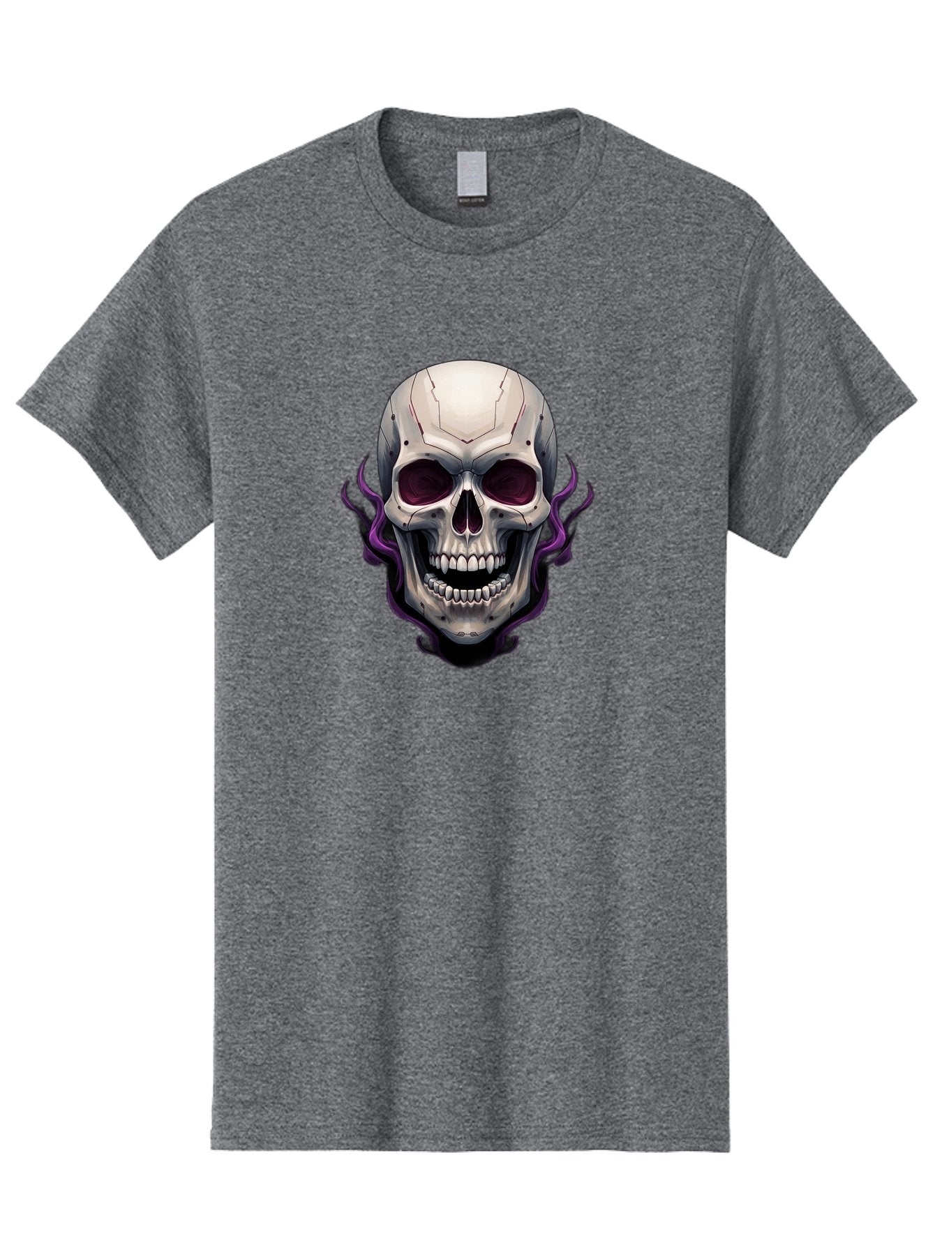 Cyborg-Skull Men'S Graphic Tee, 100% Cotton, Comfortable Casual Summer Wear, Machine Washable, Metallic Skull, Robotic Face, Purple Smoke, Futuristic Design, Cyberpunk Aesthetic, Dark Art, Halloween Theme, Gothic Style, Metal Texture, Bac971 9
