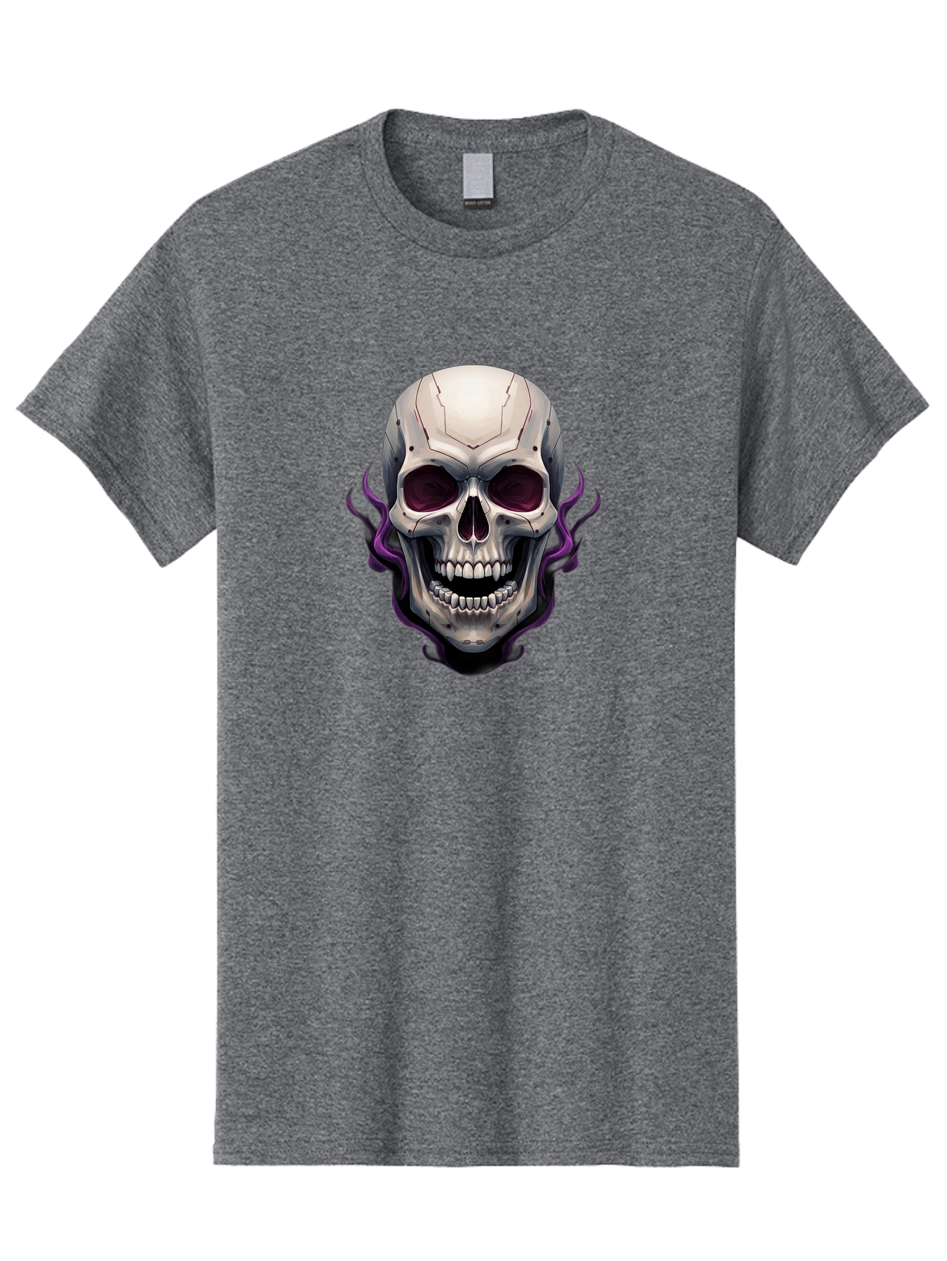 Cyborg-Skull Men'S Graphic Tee, 100% Cotton, Comfortable Casual Summer Wear, Machine Washable, Metallic Skull, Robotic Face, Purple Smoke, Futuristic Design, Cyberpunk Aesthetic, Dark Art, Halloween Theme, Gothic Style, Metal Texture, Bac971 5
