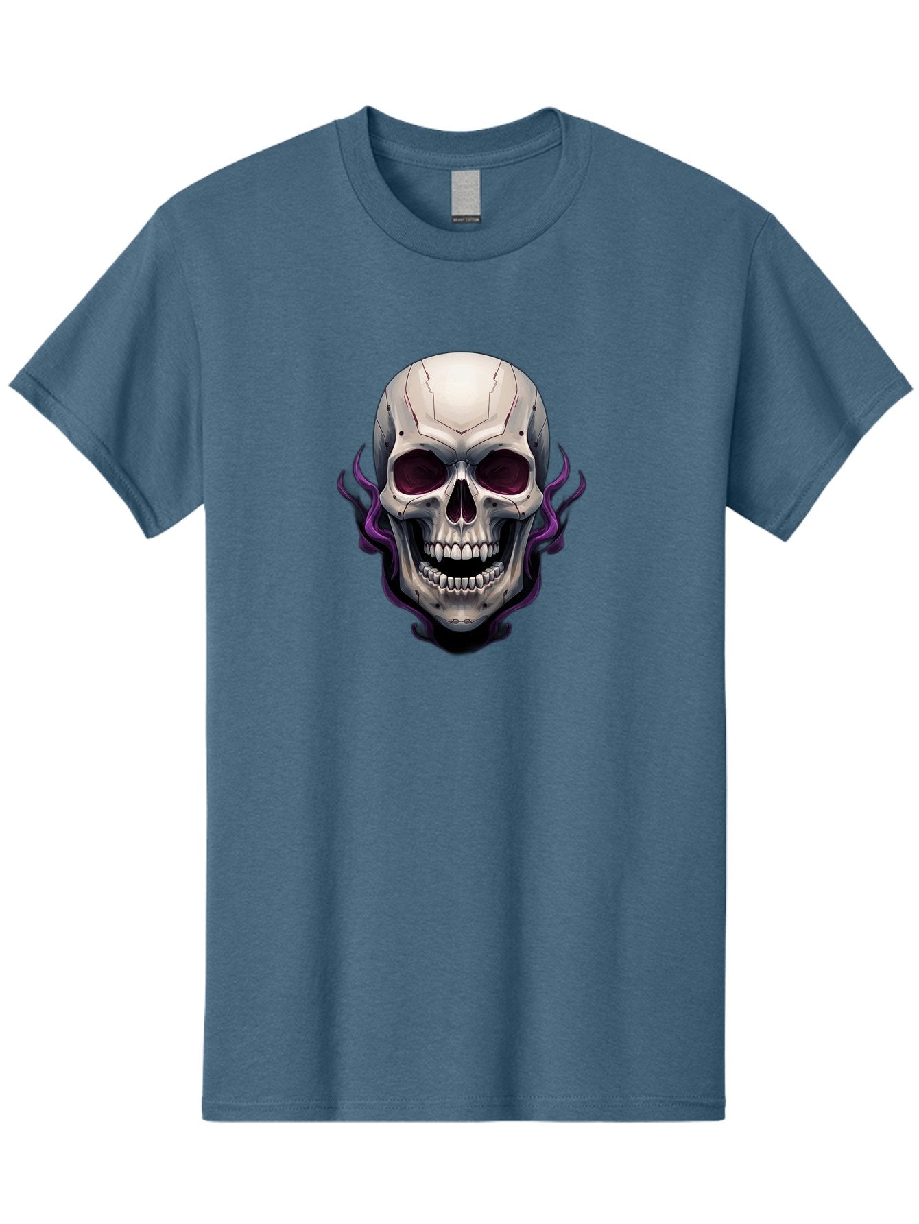 Cyborg-Skull Men'S Graphic Tee, 100% Cotton, Comfortable Casual Summer Wear, Machine Washable, Metallic Skull, Robotic Face, Purple Smoke, Futuristic Design, Cyberpunk Aesthetic, Dark Art, Halloween Theme, Gothic Style, Metal Texture, Bac971 6