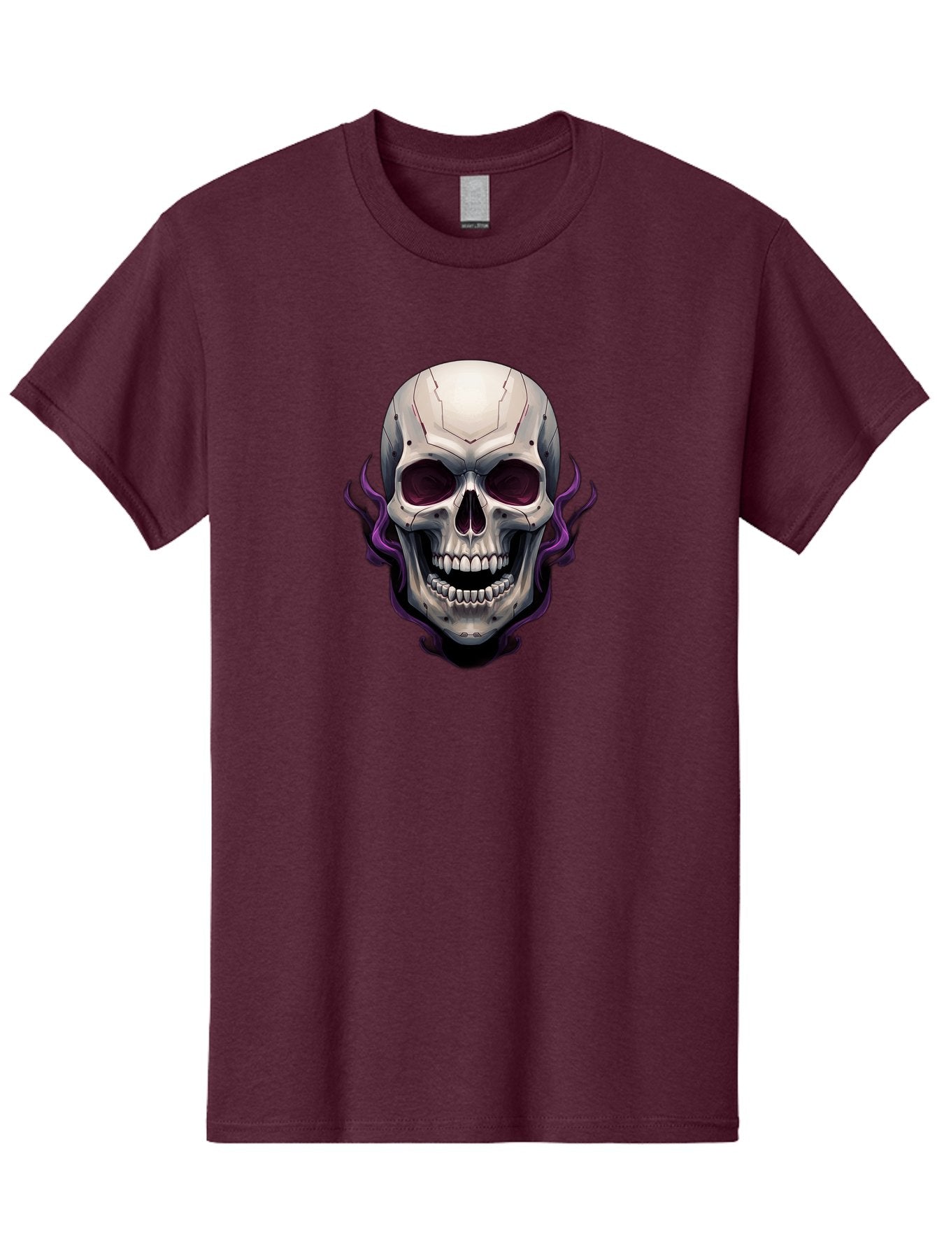 Cyborg-Skull Men'S Graphic Tee, 100% Cotton, Comfortable Casual Summer Wear, Machine Washable, Metallic Skull, Robotic Face, Purple Smoke, Futuristic Design, Cyberpunk Aesthetic, Dark Art, Halloween Theme, Gothic Style, Metal Texture, Bac971 8