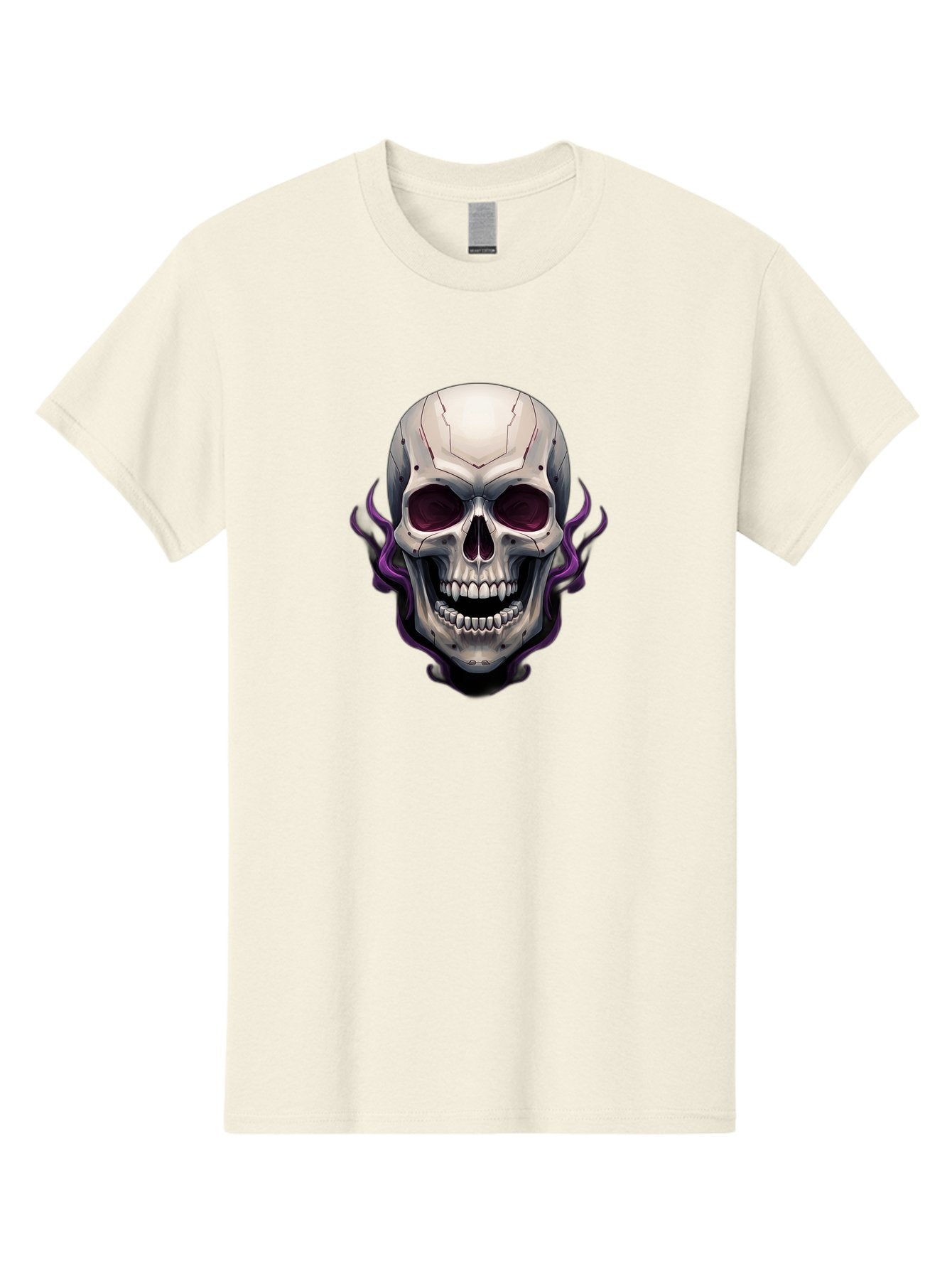 Cyborg-Skull Men'S Graphic Tee, 100% Cotton, Comfortable Casual Summer Wear, Machine Washable, Metallic Skull, Robotic Face, Purple Smoke, Futuristic Design, Cyberpunk Aesthetic, Dark Art, Halloween Theme, Gothic Style, Metal Texture, Bac971 4
