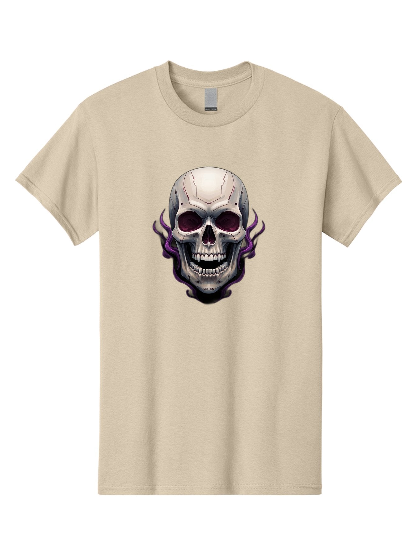 Cyborg-Skull Men'S Graphic Tee, 100% Cotton, Comfortable Casual Summer Wear, Machine Washable, Metallic Skull, Robotic Face, Purple Smoke, Futuristic Design, Cyberpunk Aesthetic, Dark Art, Halloween Theme, Gothic Style, Metal Texture, Bac971 5