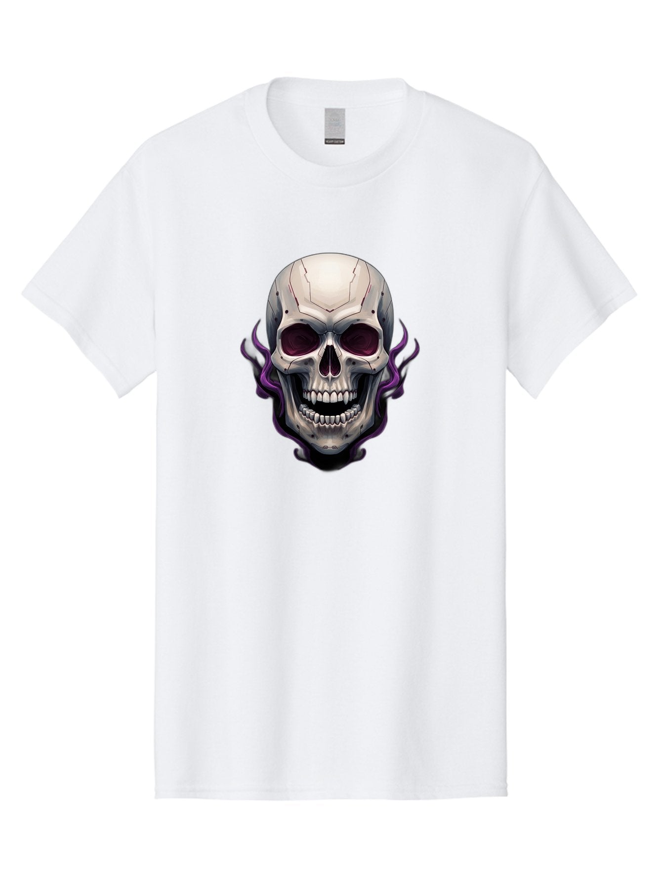 Cyborg-Skull Men'S Graphic Tee, 100% Cotton, Comfortable Casual Summer Wear, Machine Washable, Metallic Skull, Robotic Face, Purple Smoke, Futuristic Design, Cyberpunk Aesthetic, Dark Art, Halloween Theme, Gothic Style, Metal Texture, Bac971 3