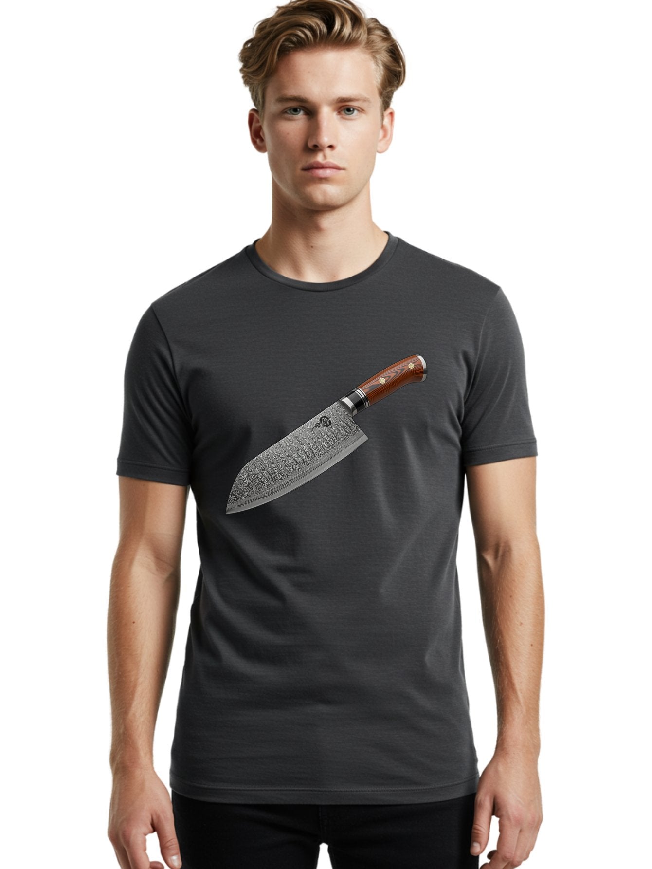 Damascus-Chef-S-Knife Men'S Graphic Tee, 100% Cotton, Comfortable Casual Summer Wear, Machine Washable, Damascus Steel Chef'S Knife, Kitchen Knife, Sharp Blade, Intricate Design, Wooden Handle, Brass Rivets, Chef'S Tool, Cutting Edge, Cookware Bac972 18