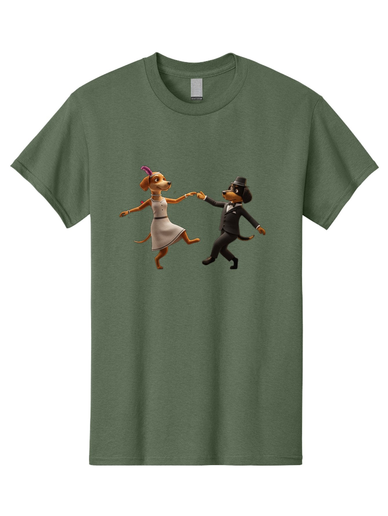 Dancing-Dogs Men'S Graphic Tee, 100% Cotton, Comfortable Casual Summer Wear, Machine Washable, Anthropomorphic Dogs Dancing Together, Lady Dog In A Dress And Hat, Gentleman Dog In A Suit, Romantic Dance, Dog Couple, Illustration, Bac973 4