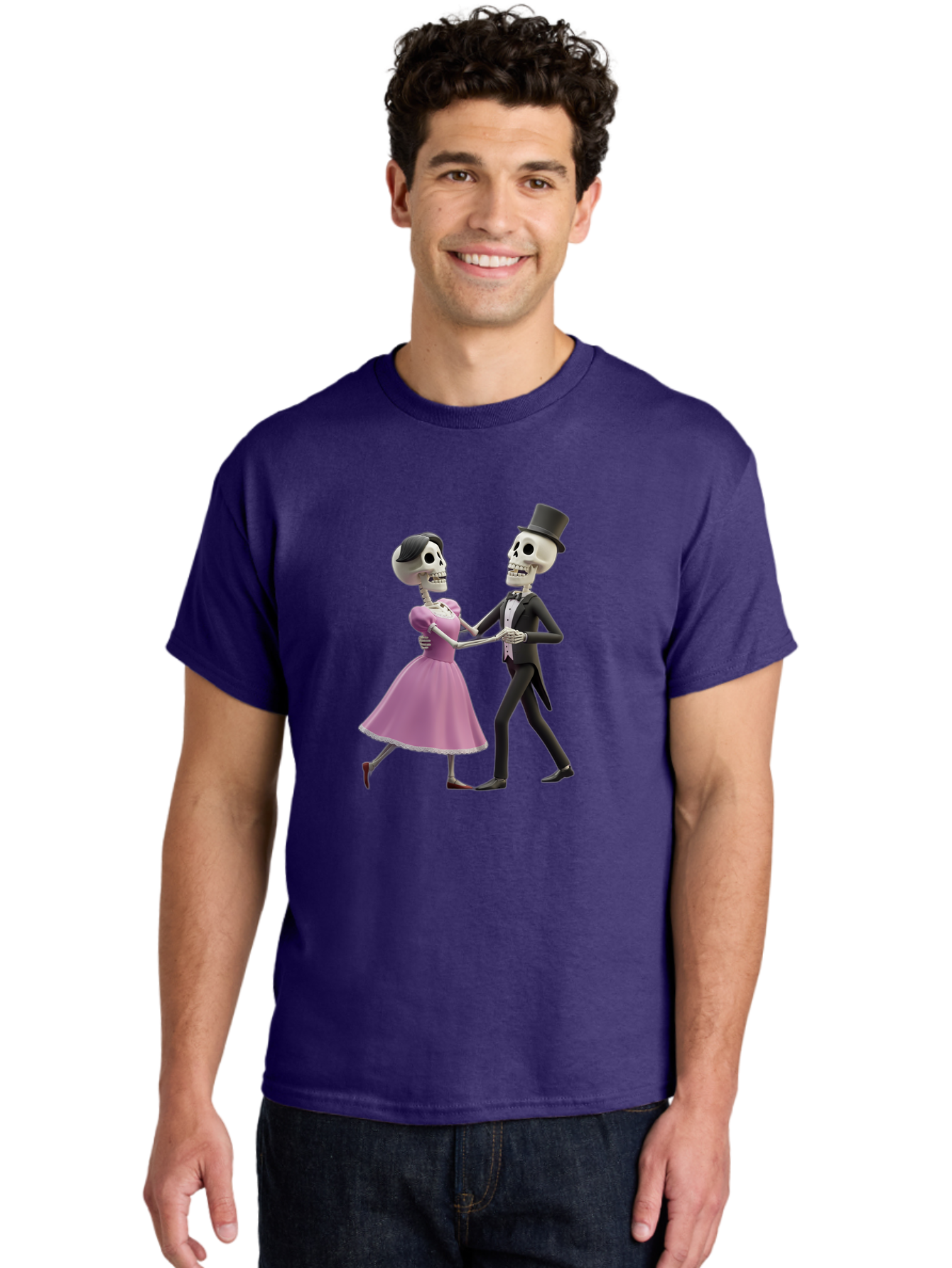Dancing-Skeletons Men'S Graphic Tee, 100% Cotton, Comfortable Casual Summer Wear, Machine Washable, Skeleton Couple Dancing, Day Of The Dead Celebration, Calavera Fashion, Traditional Mexican Attire, Sugar Skull Makeup, Waltz Dance, Bac974 30