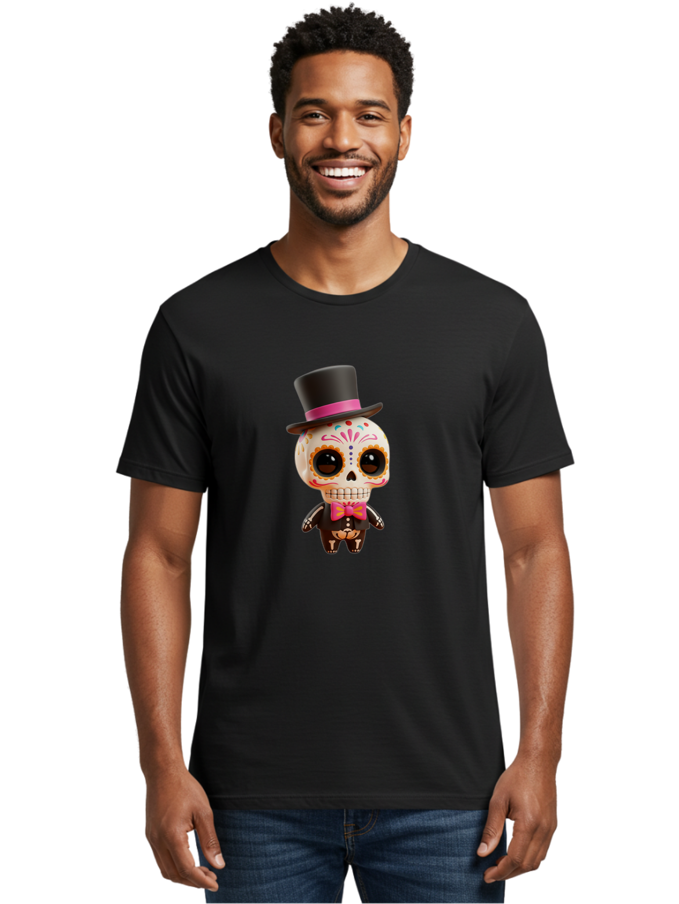 Day-Of-The-Dead-Skeleton Men'S Graphic Tee, 100% Cotton, Comfortable Casual Summer Wear, Machine Washable, Sugar Skull, Day Of The Dead, Dia De Los Muertos, Skeleton Figurine, Colorful Decorations, Festive Attire, Top Hat, Bow Tie, Bac977 29