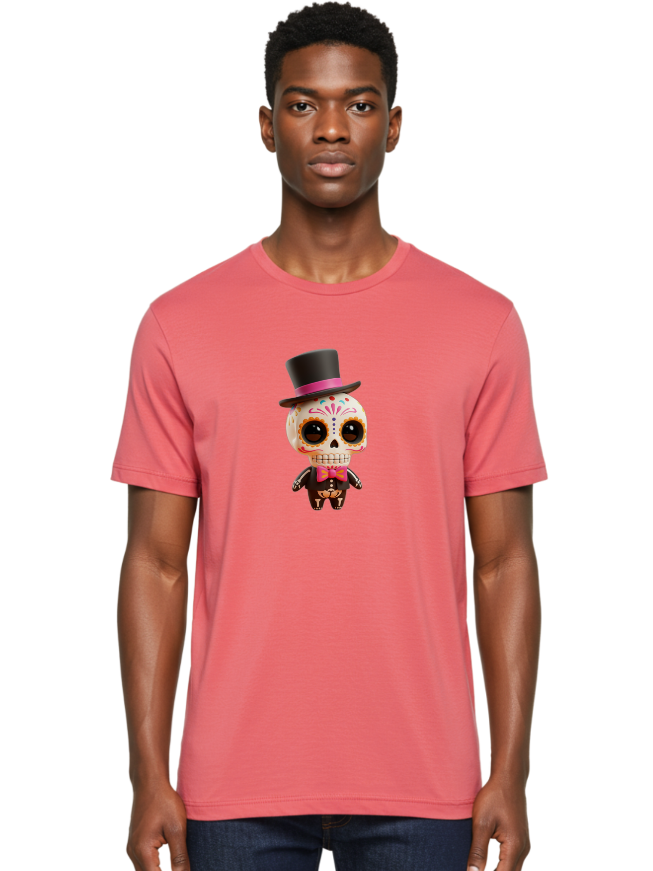 Day-Of-The-Dead-Skeleton Men'S Graphic Tee, 100% Cotton, Comfortable Casual Summer Wear, Machine Washable, Sugar Skull, Day Of The Dead, Dia De Los Muertos, Skeleton Figurine, Colorful Decorations, Festive Attire, Top Hat, Bow Tie, Bac977 30
