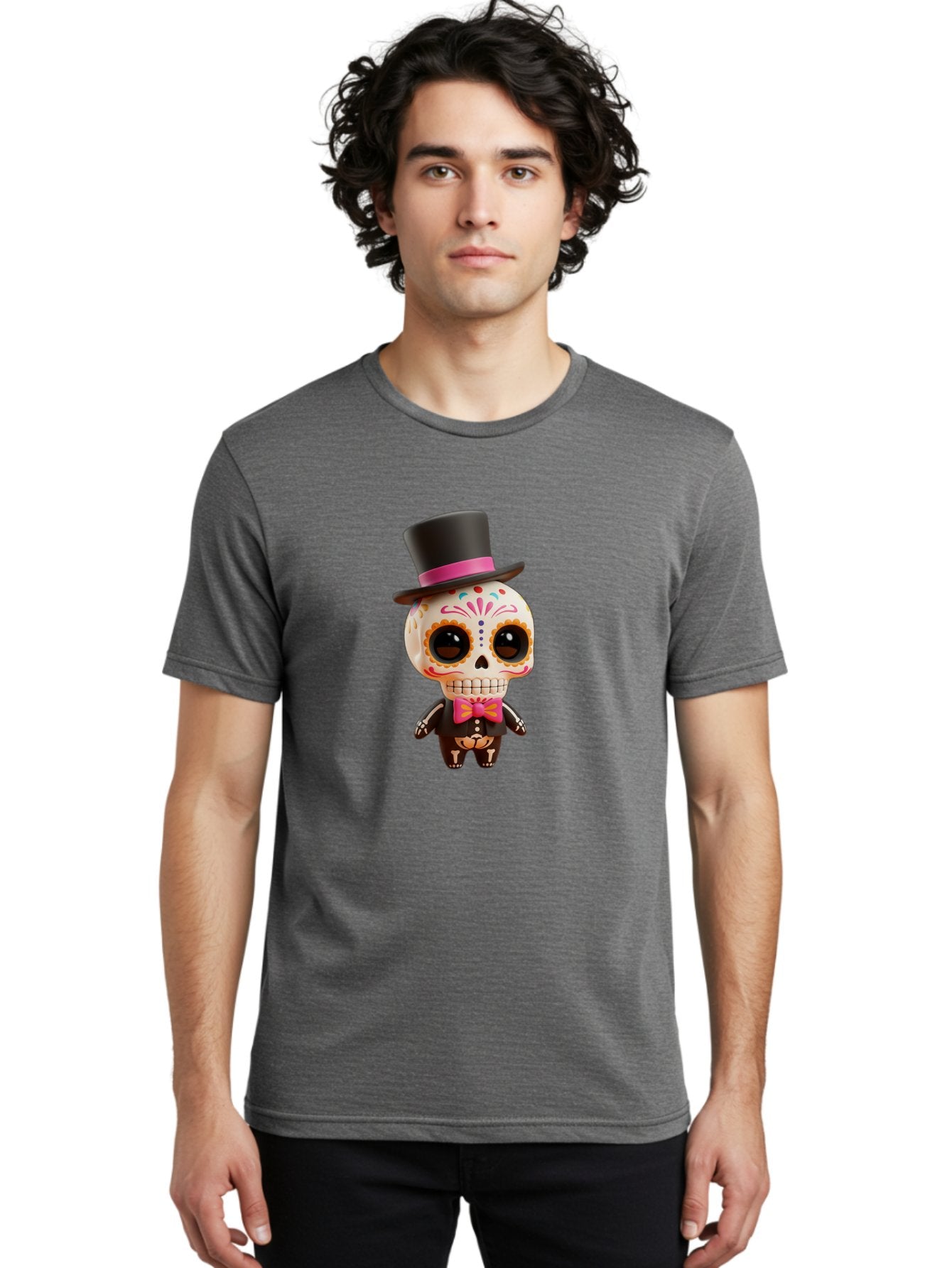 Day-Of-The-Dead-Skeleton Men'S Graphic Tee, 100% Cotton, Comfortable Casual Summer Wear, Machine Washable, Sugar Skull, Day Of The Dead, Dia De Los Muertos, Skeleton Figurine, Colorful Decorations, Festive Attire, Top Hat, Bow Tie, Bac977 25