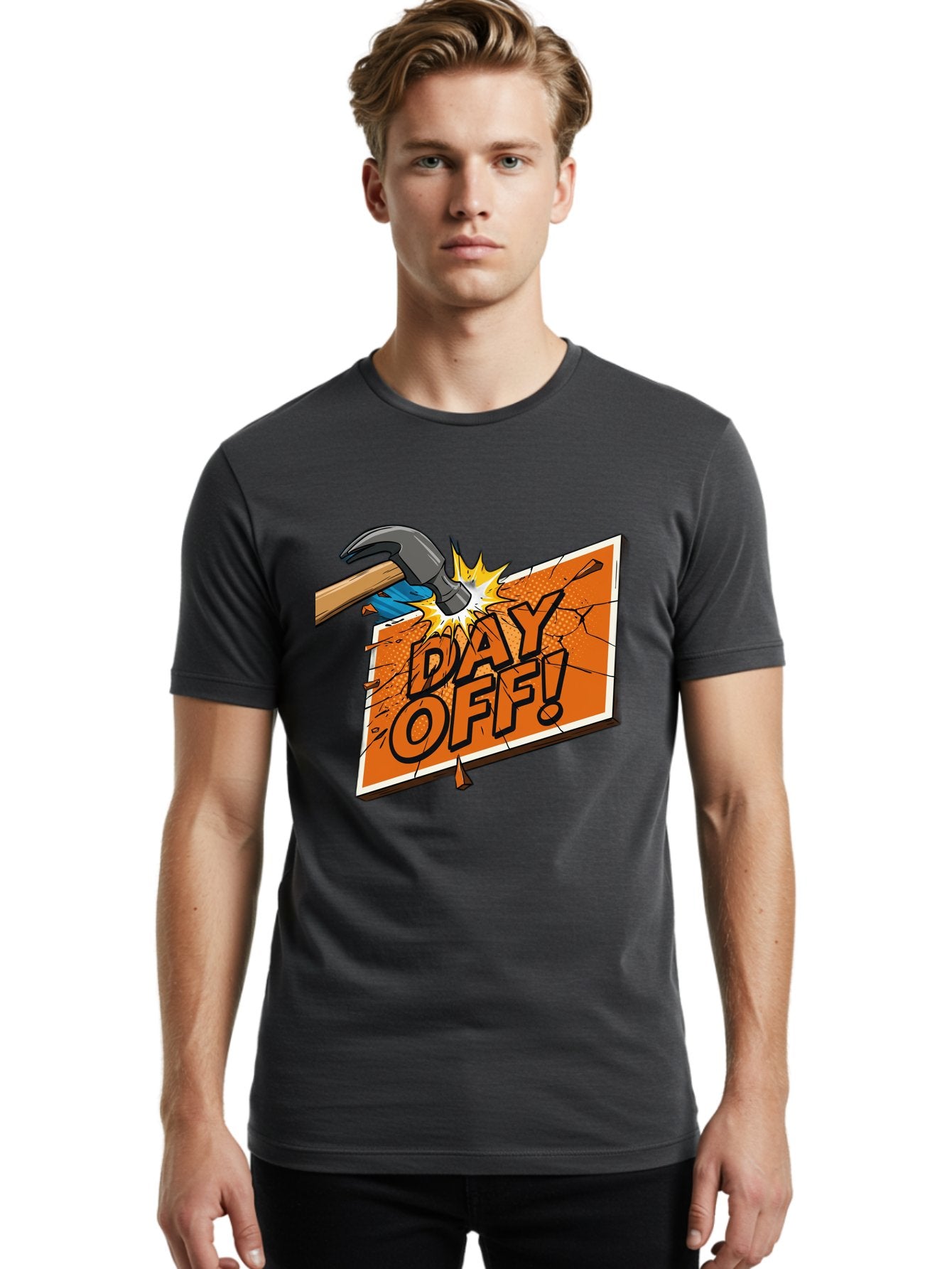 Day-Off-1 Men'S Graphic Tee, 100% Cotton, Comfortable Casual Summer Wear, Machine Washable, Day Off, Hammer Smashing Sign, Cartoon Humor, Comedic Relief, Breaking Rules, Relaxation, Leisure Time, Comical Illustration, Work-Life Balance Bac978 30