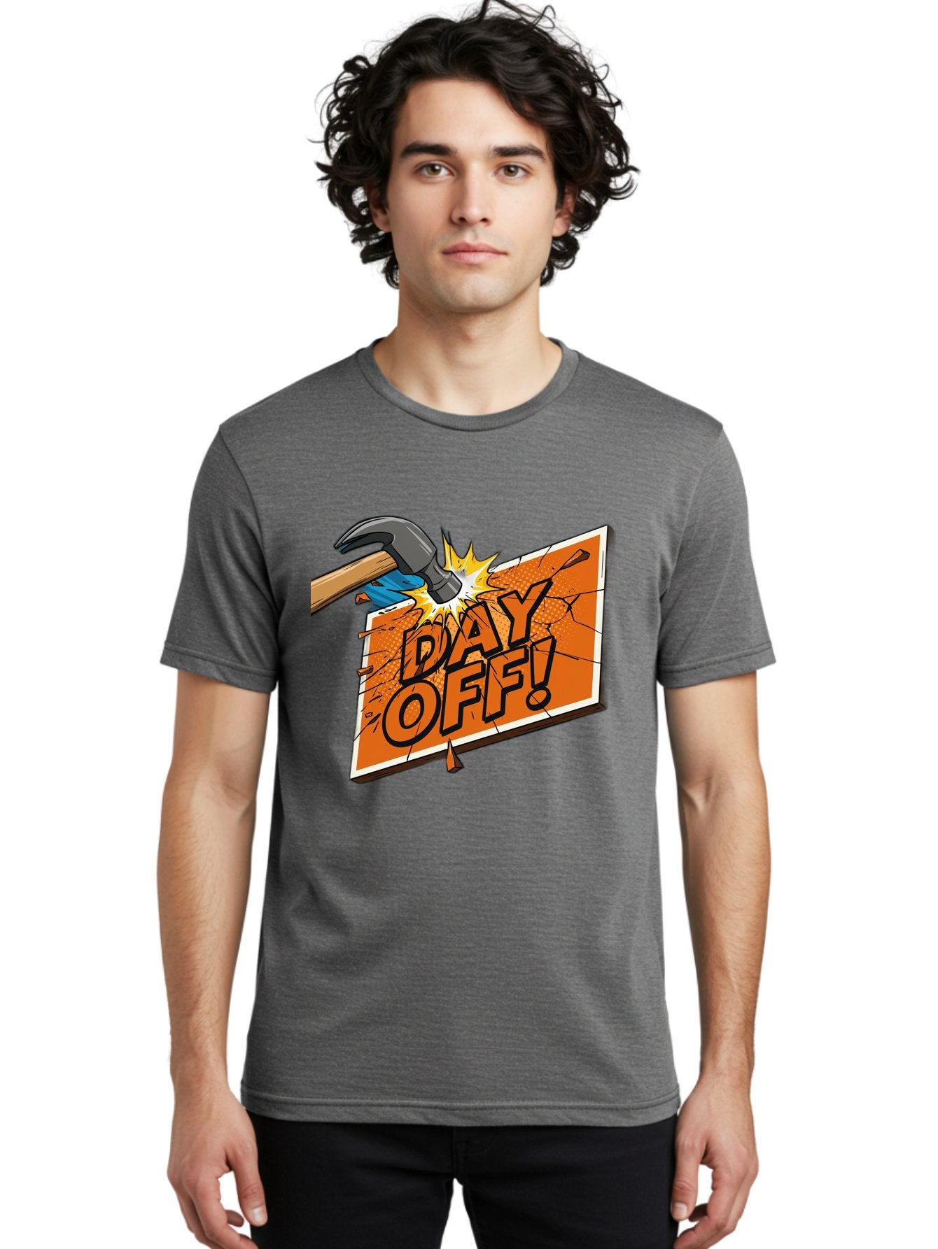 Day-Off-1 Men'S Graphic Tee, 100% Cotton, Comfortable Casual Summer Wear, Machine Washable, Day Off, Hammer Smashing Sign, Cartoon Humor, Comedic Relief, Breaking Rules, Relaxation, Leisure Time, Comical Illustration, Work-Life Balance Bac978 19