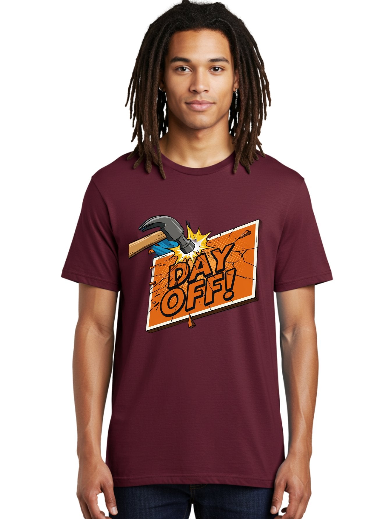 Day-Off-1 Men'S Graphic Tee, 100% Cotton, Comfortable Casual Summer Wear, Machine Washable, Day Off, Hammer Smashing Sign, Cartoon Humor, Comedic Relief, Breaking Rules, Relaxation, Leisure Time, Comical Illustration, Work-Life Balance Bac978 17