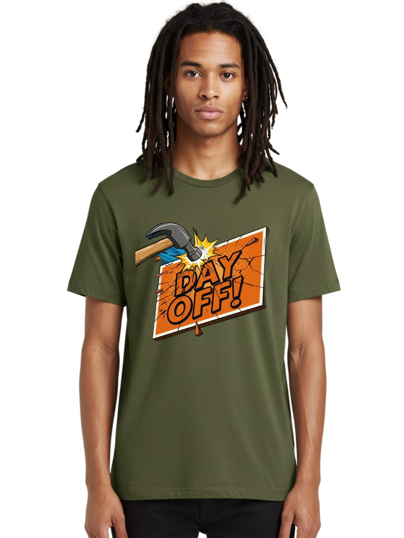 Day-Off-1 Men'S Graphic Tee, 100% Cotton, Comfortable Casual Summer Wear, Machine Washable, Day Off, Hammer Smashing Sign, Cartoon Humor, Comedic Relief, Breaking Rules, Relaxation, Leisure Time, Comical Illustration, Work-Life Balance Bac978 25