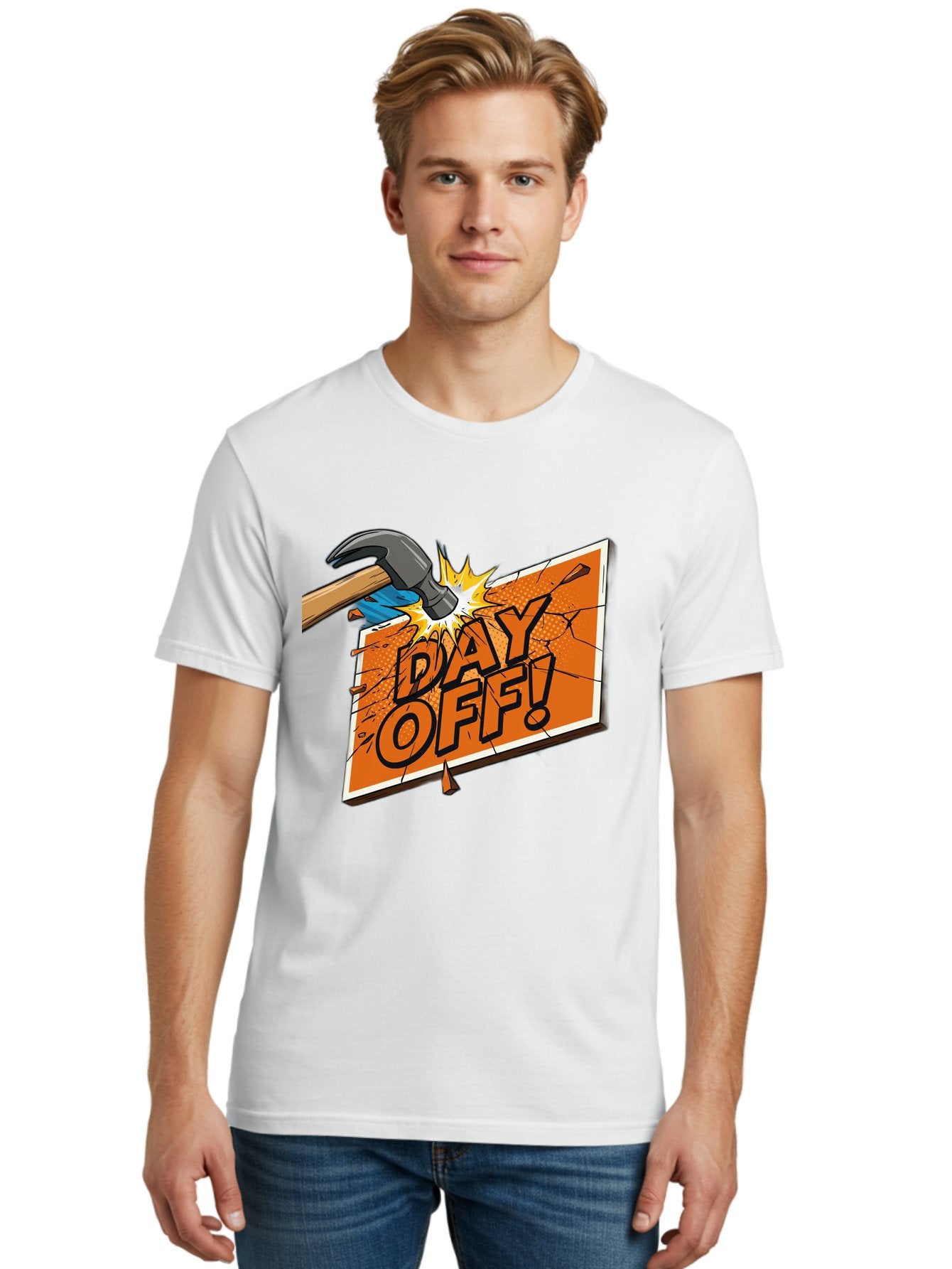 Day-Off-1 Men'S Graphic Tee, 100% Cotton, Comfortable Casual Summer Wear, Machine Washable, Day Off, Hammer Smashing Sign, Cartoon Humor, Comedic Relief, Breaking Rules, Relaxation, Leisure Time, Comical Illustration, Work-Life Balance Bac978 26