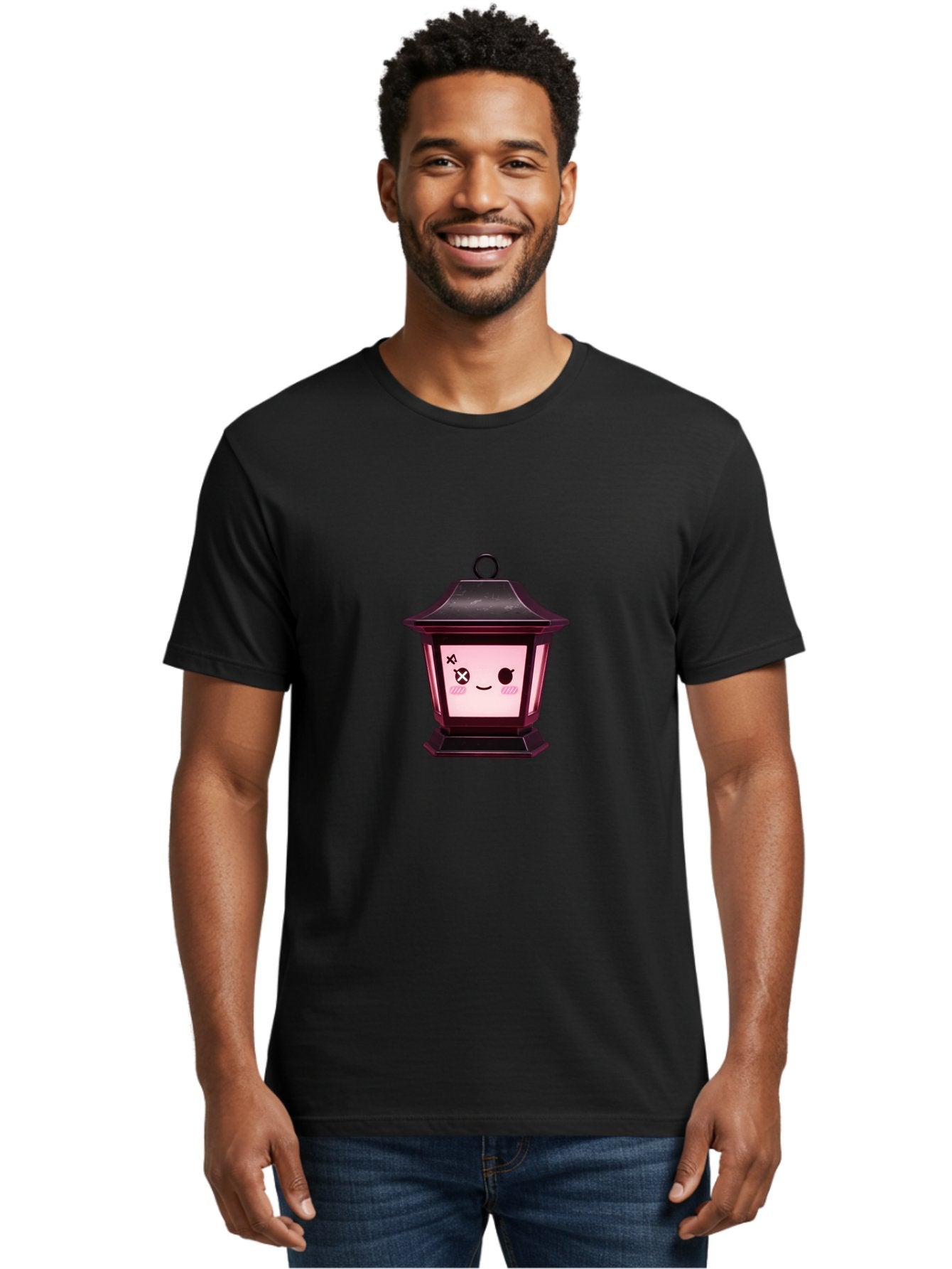 Dead-Eye-Lantern Men'S Graphic Tee, 100% Cotton, Comfortable Casual Summer Wear, Machine Washable, Kawaii Lantern, Anime Style, Dead Eye, Smiling Face, Pink Cheeks, Cute Design, Cartoonish, Quirky Character, Pink Glow, Unique Expression, Bac982 27