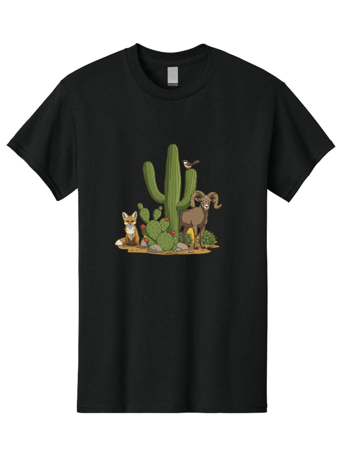 Desert-Animals Men'S Graphic Tee, 100% Cotton, Comfortable Casual Summer Wear, Machine Washable, Desert Wildlife, Coyote Sitting, Bighorn Sheep Standing, Bird Perched On Cactus, Cactus With Red Flowers, Desert Landscape, Wild Animals, Bac984 13