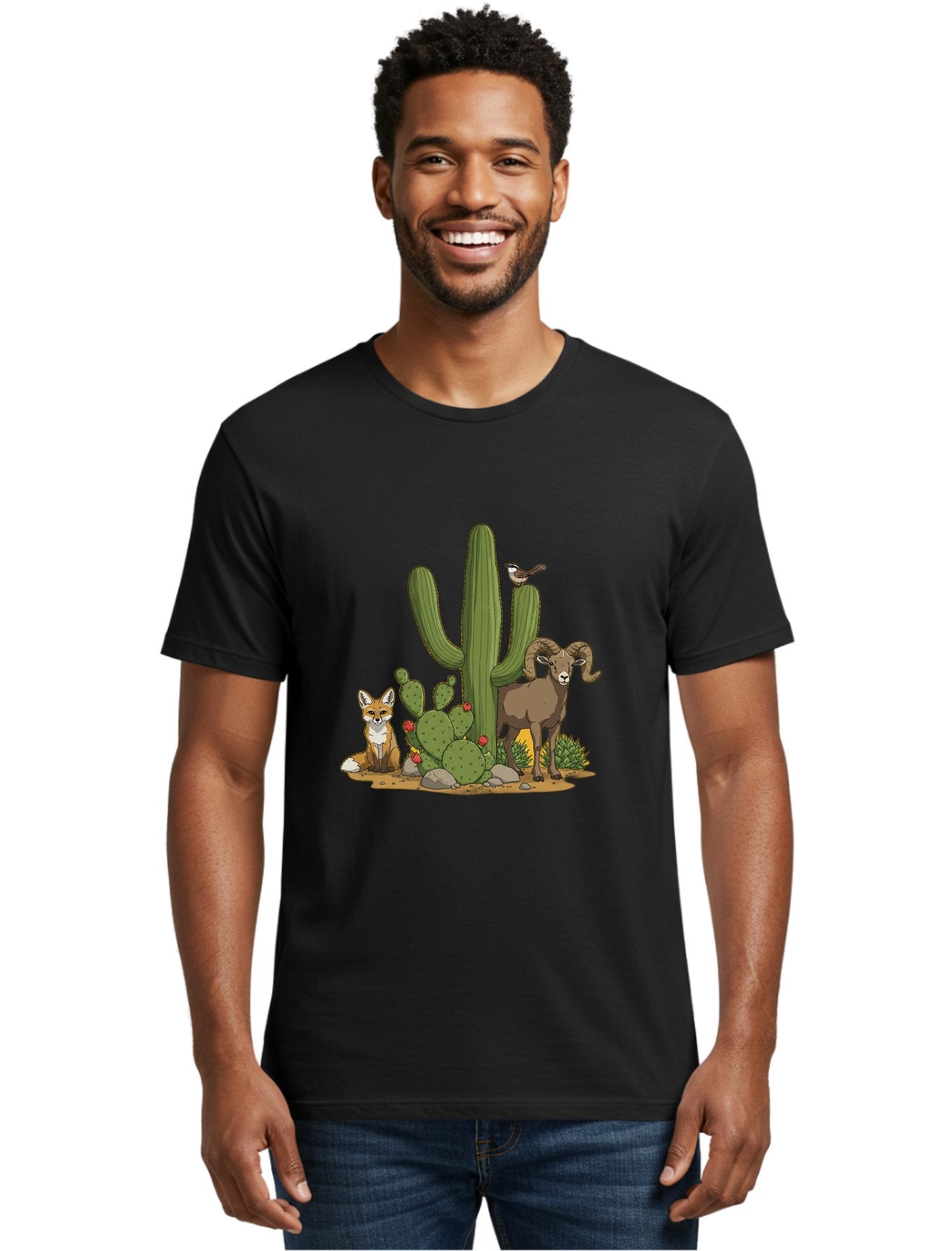 Desert-Animals Men'S Graphic Tee, 100% Cotton, Comfortable Casual Summer Wear, Machine Washable, Desert Wildlife, Coyote Sitting, Bighorn Sheep Standing, Bird Perched On Cactus, Cactus With Red Flowers, Desert Landscape, Wild Animals, Bac984 20