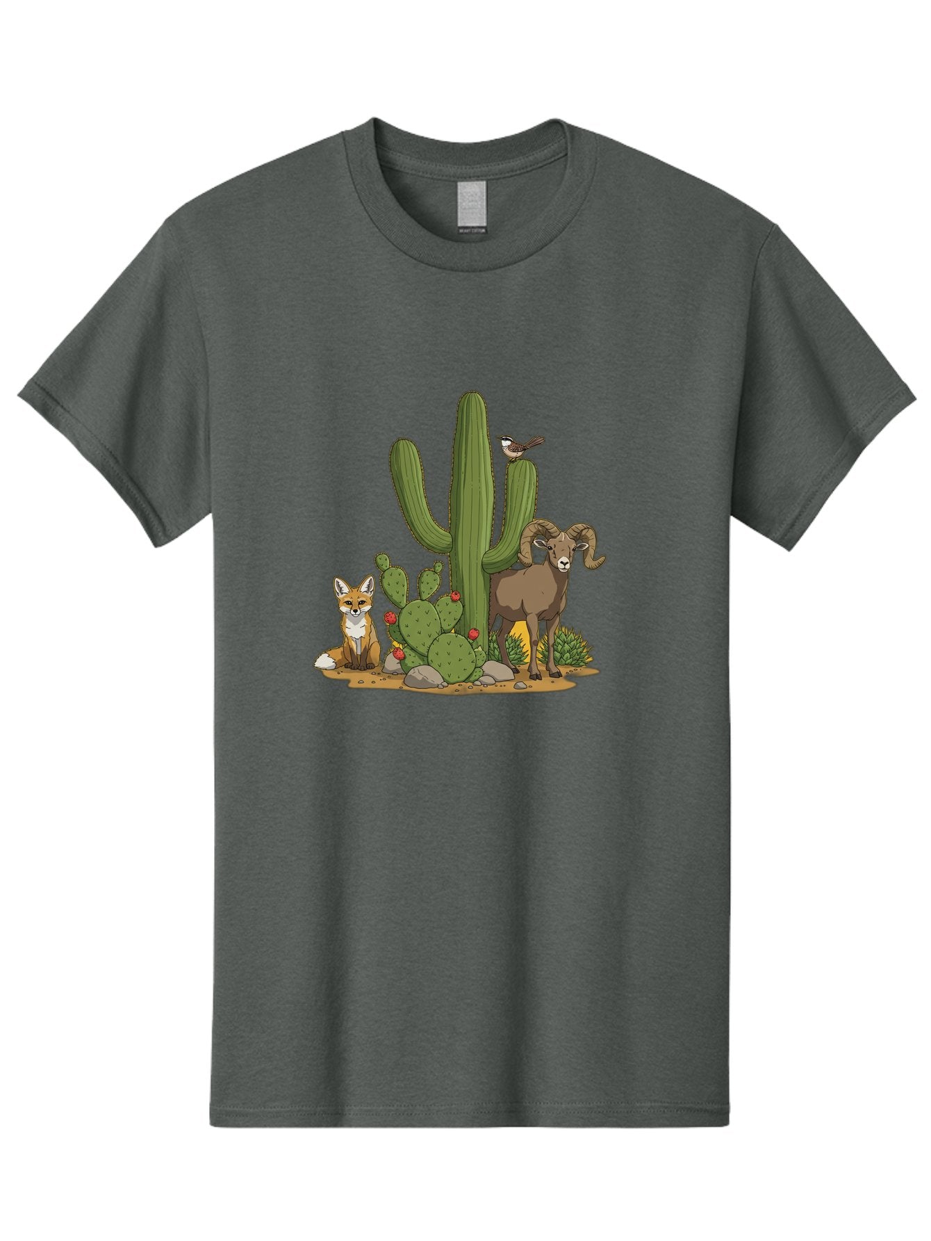 Desert-Animals Men'S Graphic Tee, 100% Cotton, Comfortable Casual Summer Wear, Machine Washable, Desert Wildlife, Coyote Sitting, Bighorn Sheep Standing, Bird Perched On Cactus, Cactus With Red Flowers, Desert Landscape, Wild Animals, Bac984 9