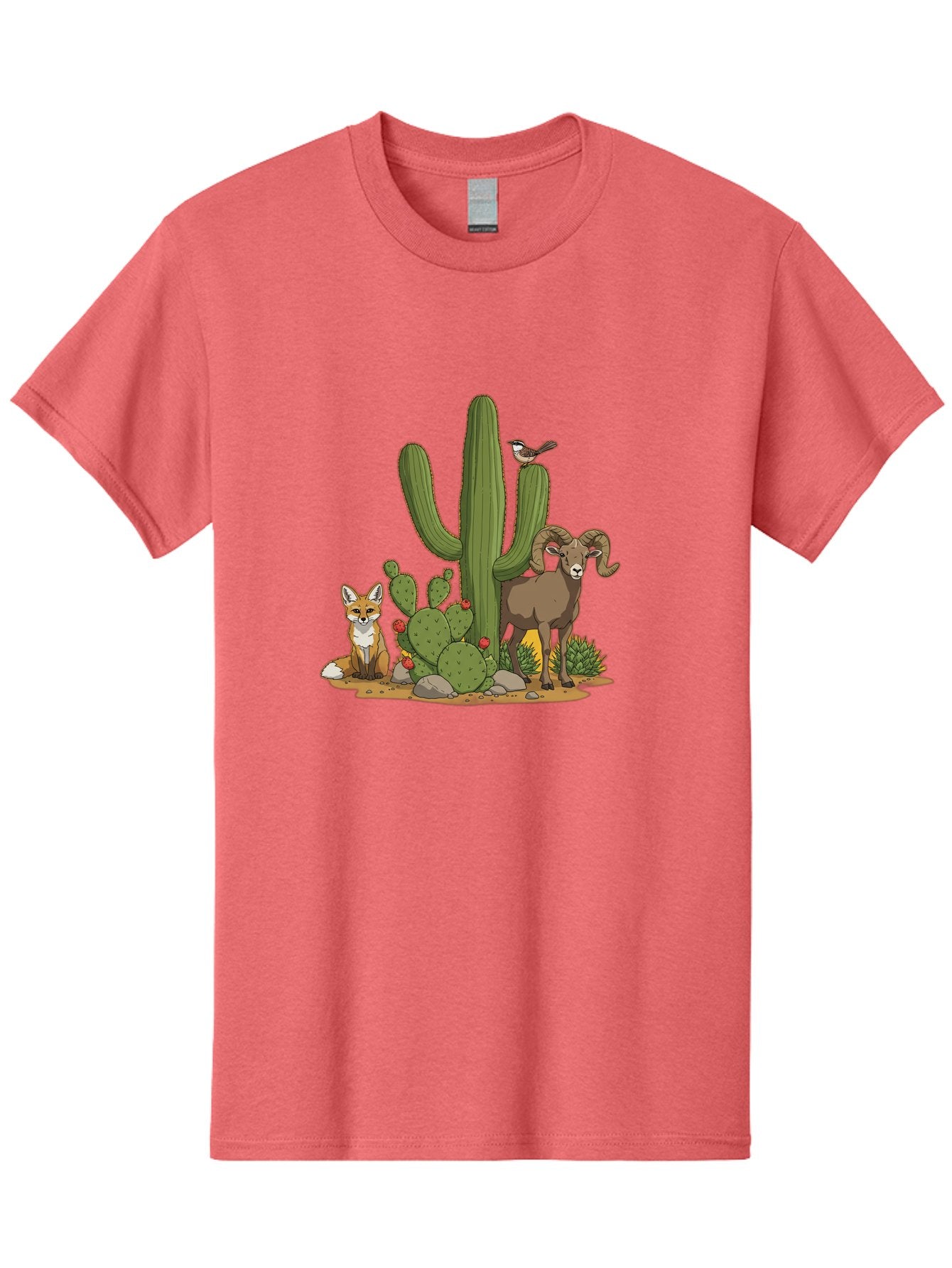 Desert-Animals Men'S Graphic Tee, 100% Cotton, Comfortable Casual Summer Wear, Machine Washable, Desert Wildlife, Coyote Sitting, Bighorn Sheep Standing, Bird Perched On Cactus, Cactus With Red Flowers, Desert Landscape, Wild Animals, Bac984 12