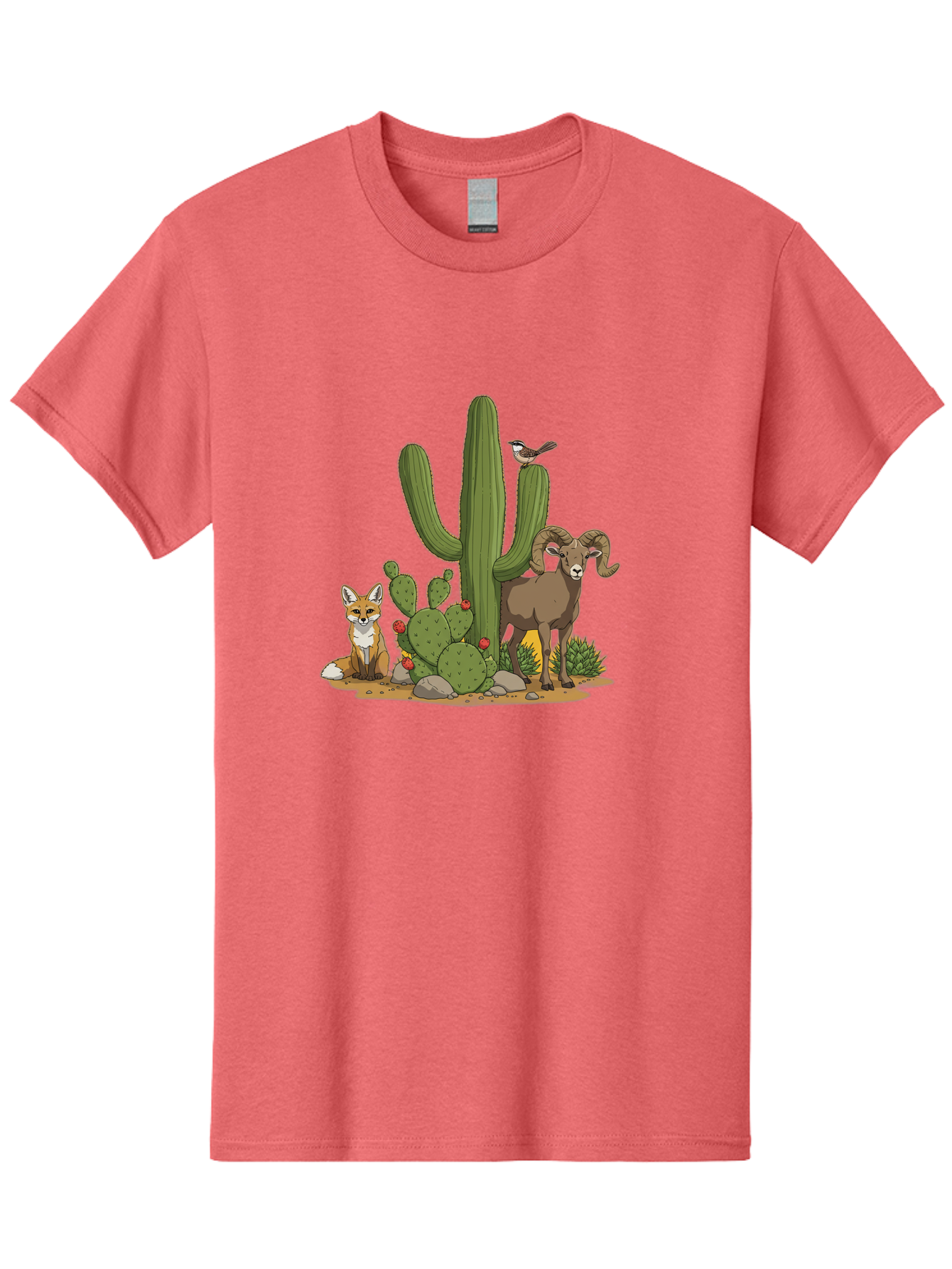 Desert-Animals Men'S Graphic Tee, 100% Cotton, Comfortable Casual Summer Wear, Machine Washable, Desert Wildlife, Coyote Sitting, Bighorn Sheep Standing, Bird Perched On Cactus, Cactus With Red Flowers, Desert Landscape, Wild Animals, Bac984 3