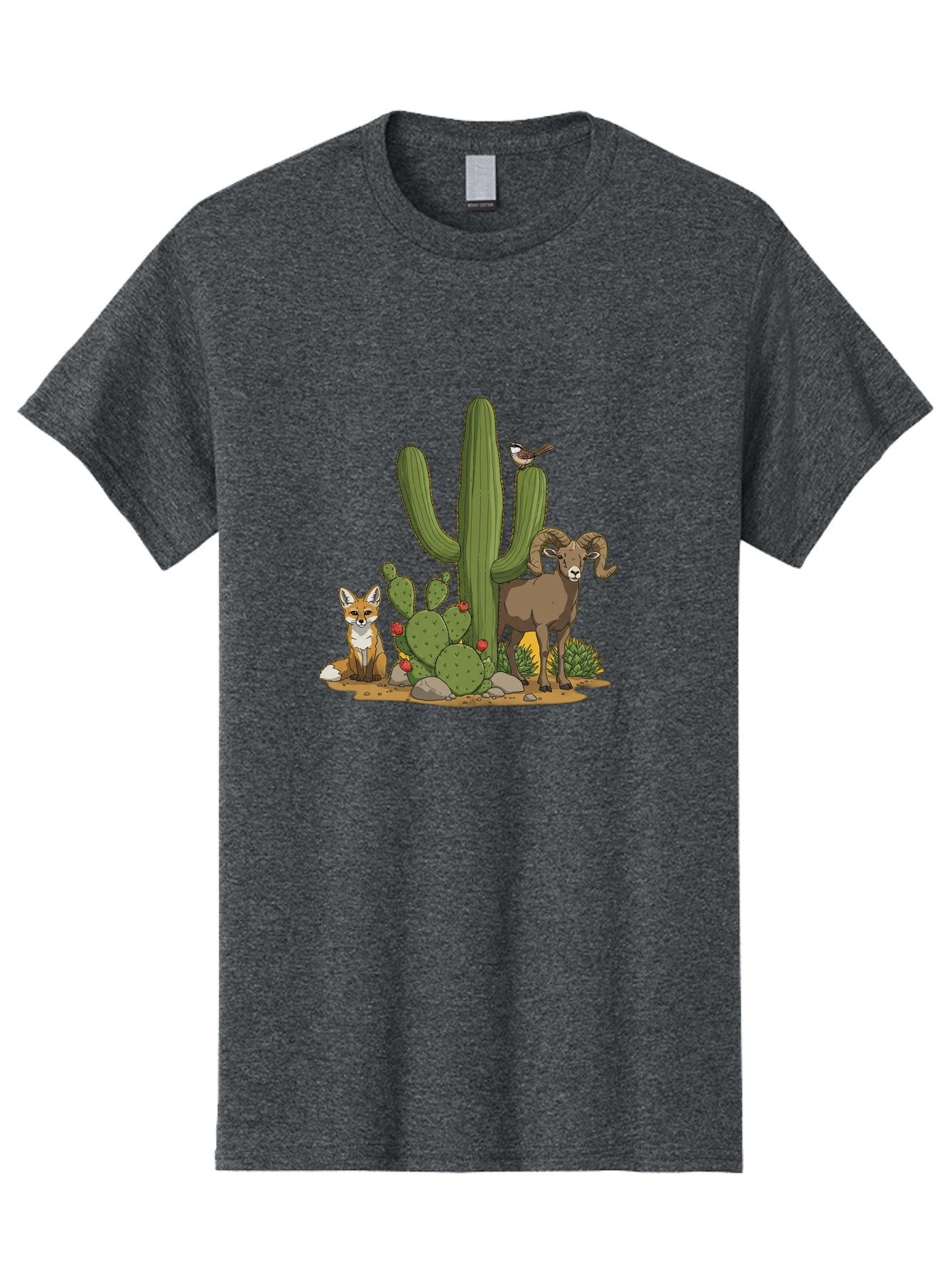 Desert-Animals Men'S Graphic Tee, 100% Cotton, Comfortable Casual Summer Wear, Machine Washable, Desert Wildlife, Coyote Sitting, Bighorn Sheep Standing, Bird Perched On Cactus, Cactus With Red Flowers, Desert Landscape, Wild Animals, Bac984 10