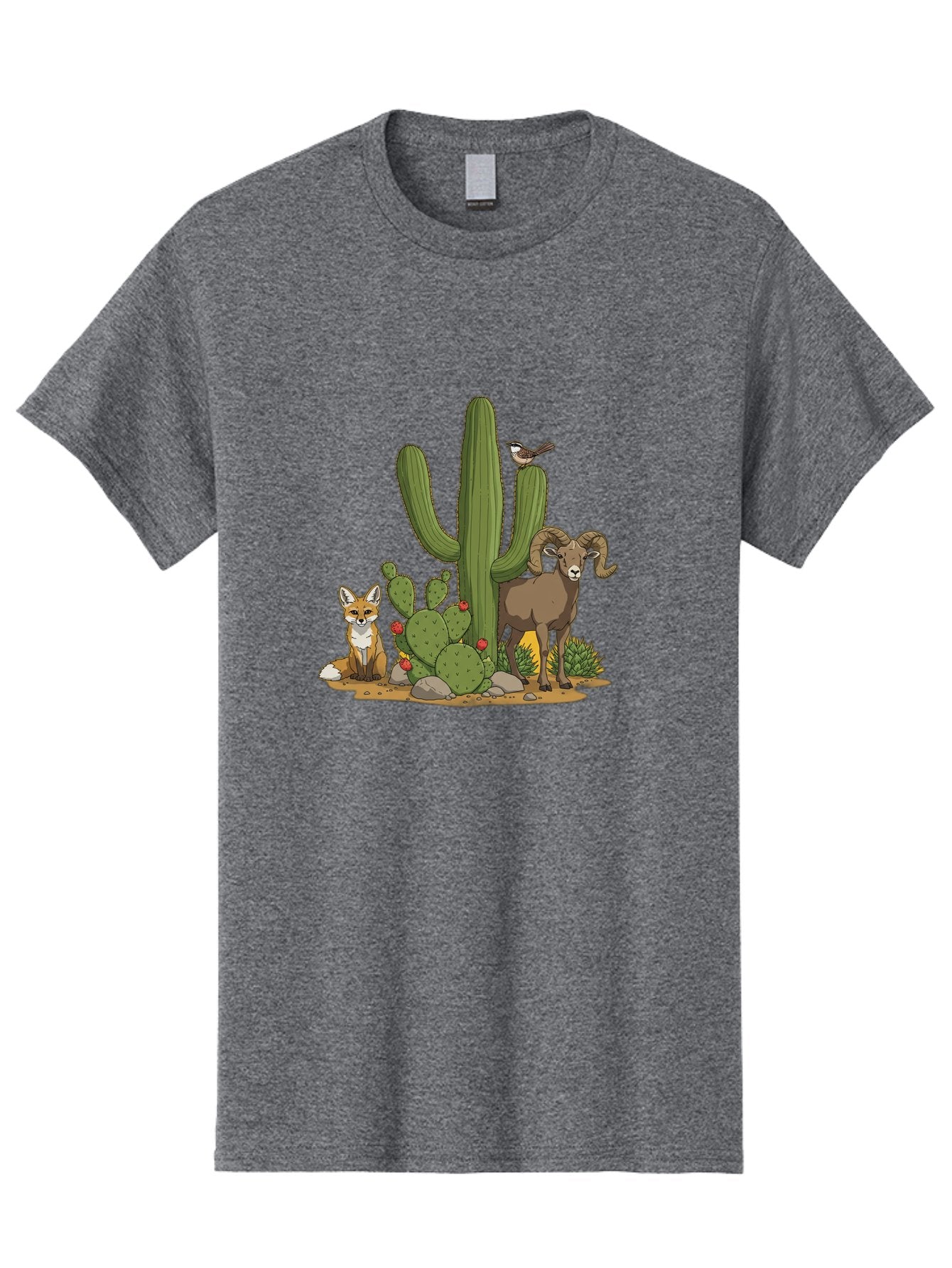 Desert-Animals Men'S Graphic Tee, 100% Cotton, Comfortable Casual Summer Wear, Machine Washable, Desert Wildlife, Coyote Sitting, Bighorn Sheep Standing, Bird Perched On Cactus, Cactus With Red Flowers, Desert Landscape, Wild Animals, Bac984 3