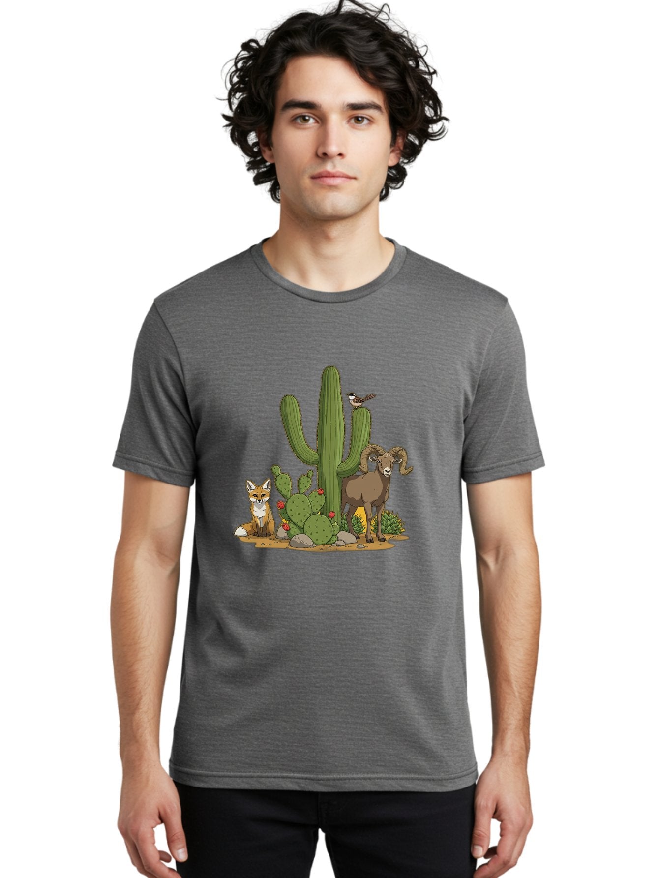 Desert-Animals Men'S Graphic Tee, 100% Cotton, Comfortable Casual Summer Wear, Machine Washable, Desert Wildlife, Coyote Sitting, Bighorn Sheep Standing, Bird Perched On Cactus, Cactus With Red Flowers, Desert Landscape, Wild Animals, Bac984 22