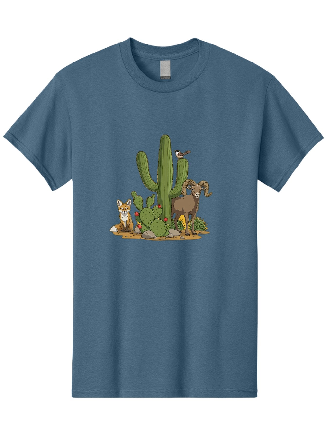 Desert-Animals Men'S Graphic Tee, 100% Cotton, Comfortable Casual Summer Wear, Machine Washable, Desert Wildlife, Coyote Sitting, Bighorn Sheep Standing, Bird Perched On Cactus, Cactus With Red Flowers, Desert Landscape, Wild Animals, Bac984 11