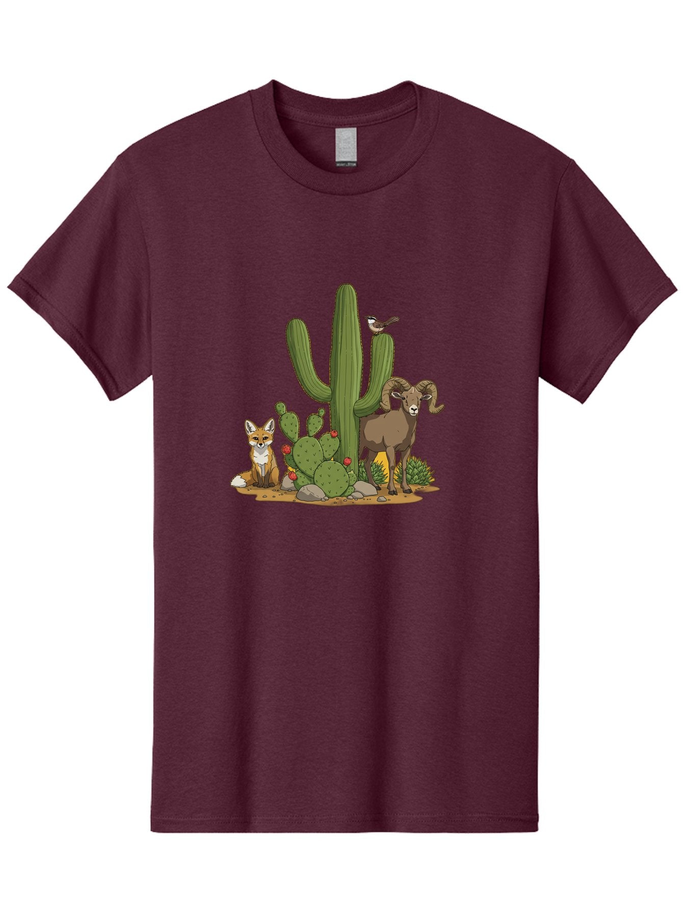 Desert-Animals Men'S Graphic Tee, 100% Cotton, Comfortable Casual Summer Wear, Machine Washable, Desert Wildlife, Coyote Sitting, Bighorn Sheep Standing, Bird Perched On Cactus, Cactus With Red Flowers, Desert Landscape, Wild Animals, Bac984 15