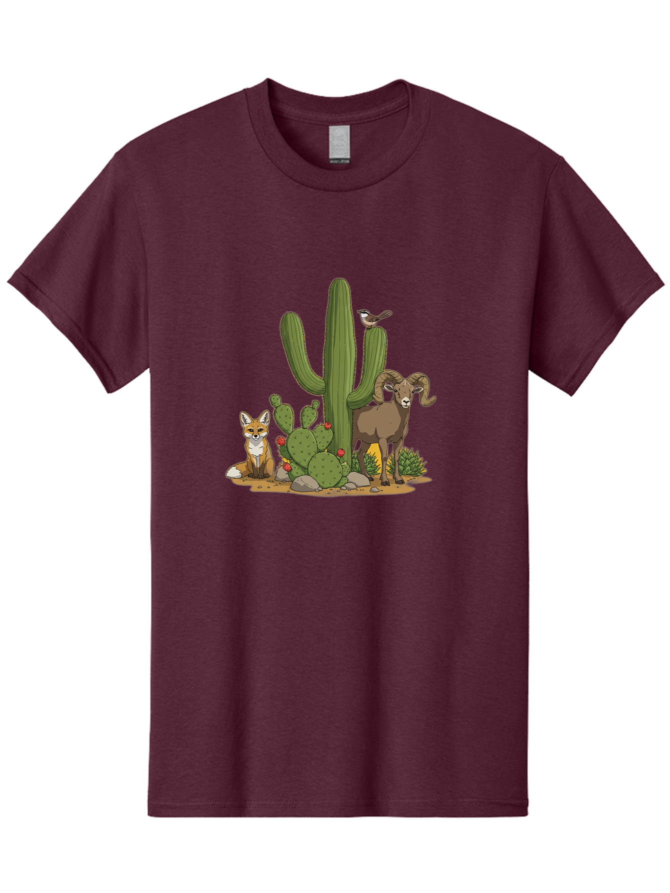 Desert-Animals Men'S Graphic Tee, 100% Cotton, Comfortable Casual Summer Wear, Machine Washable, Desert Wildlife, Coyote Sitting, Bighorn Sheep Standing, Bird Perched On Cactus, Cactus With Red Flowers, Desert Landscape, Wild Animals, Bac984