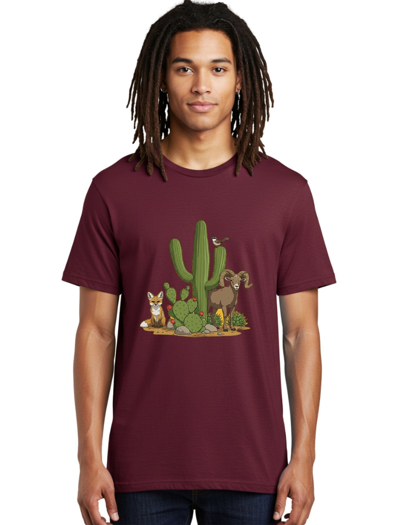 Desert-Animals Men'S Graphic Tee, 100% Cotton, Comfortable Casual Summer Wear, Machine Washable, Desert Wildlife, Coyote Sitting, Bighorn Sheep Standing, Bird Perched On Cactus, Cactus With Red Flowers, Desert Landscape, Wild Animals, Bac984 30