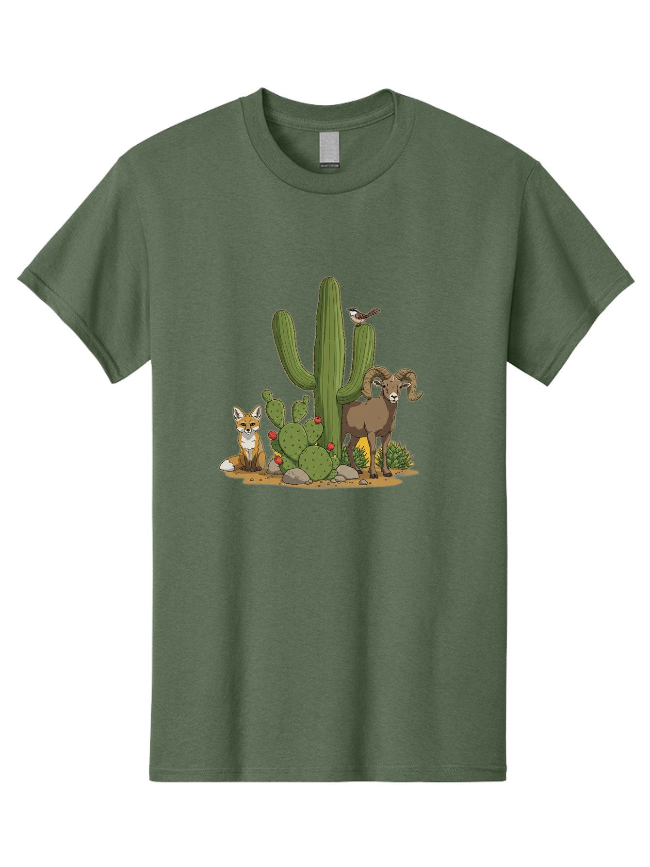 Desert-Animals Men'S Graphic Tee, 100% Cotton, Comfortable Casual Summer Wear, Machine Washable, Desert Wildlife, Coyote Sitting, Bighorn Sheep Standing, Bird Perched On Cactus, Cactus With Red Flowers, Desert Landscape, Wild Animals, Bac984