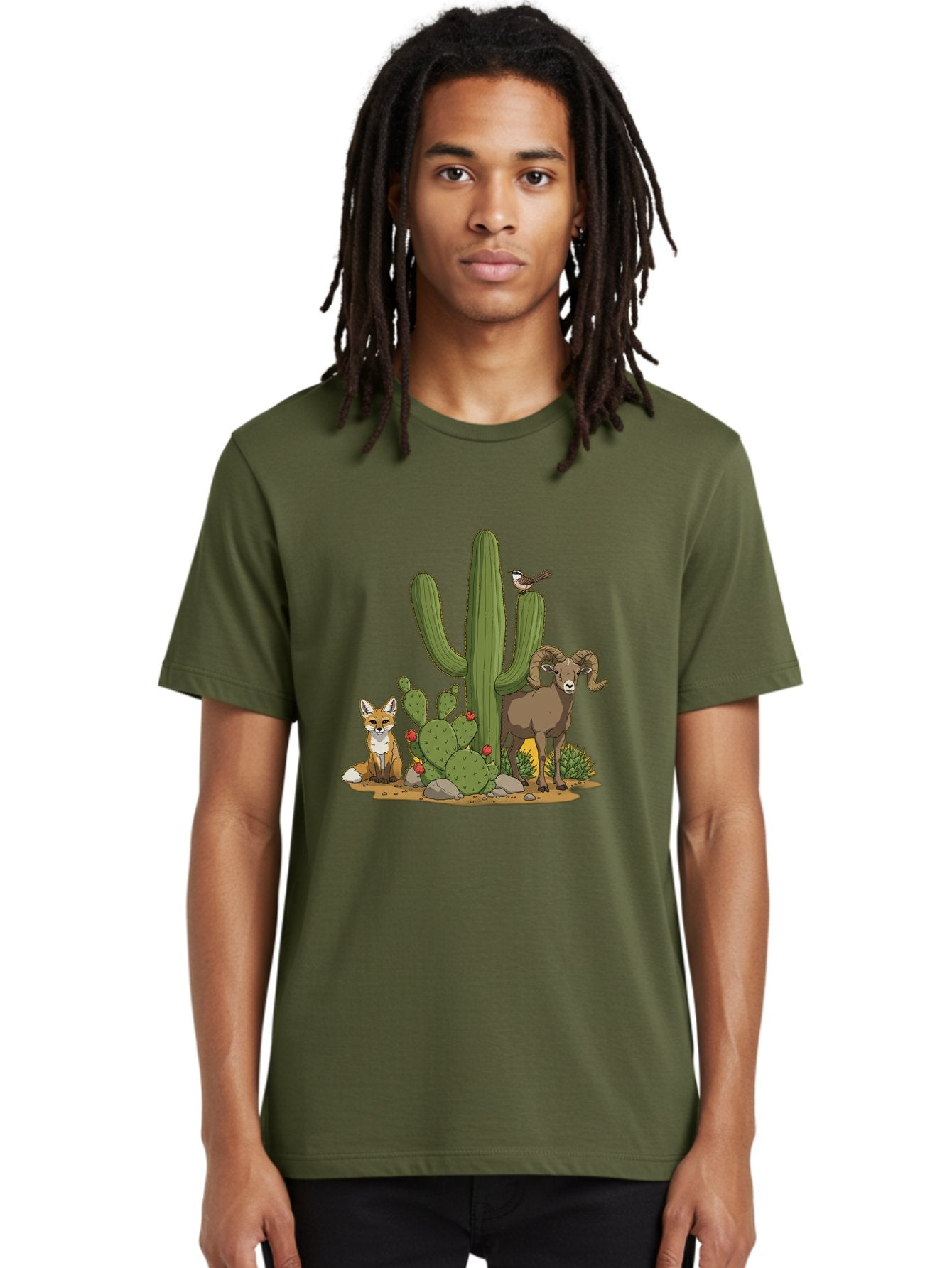 Desert-Animals Men'S Graphic Tee, 100% Cotton, Comfortable Casual Summer Wear, Machine Washable, Desert Wildlife, Coyote Sitting, Bighorn Sheep Standing, Bird Perched On Cactus, Cactus With Red Flowers, Desert Landscape, Wild Animals, Bac984 29