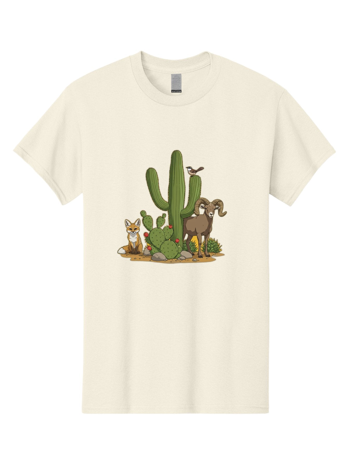 Desert-Animals Men'S Graphic Tee, 100% Cotton, Comfortable Casual Summer Wear, Machine Washable, Desert Wildlife, Coyote Sitting, Bighorn Sheep Standing, Bird Perched On Cactus, Cactus With Red Flowers, Desert Landscape, Wild Animals, Bac984 6