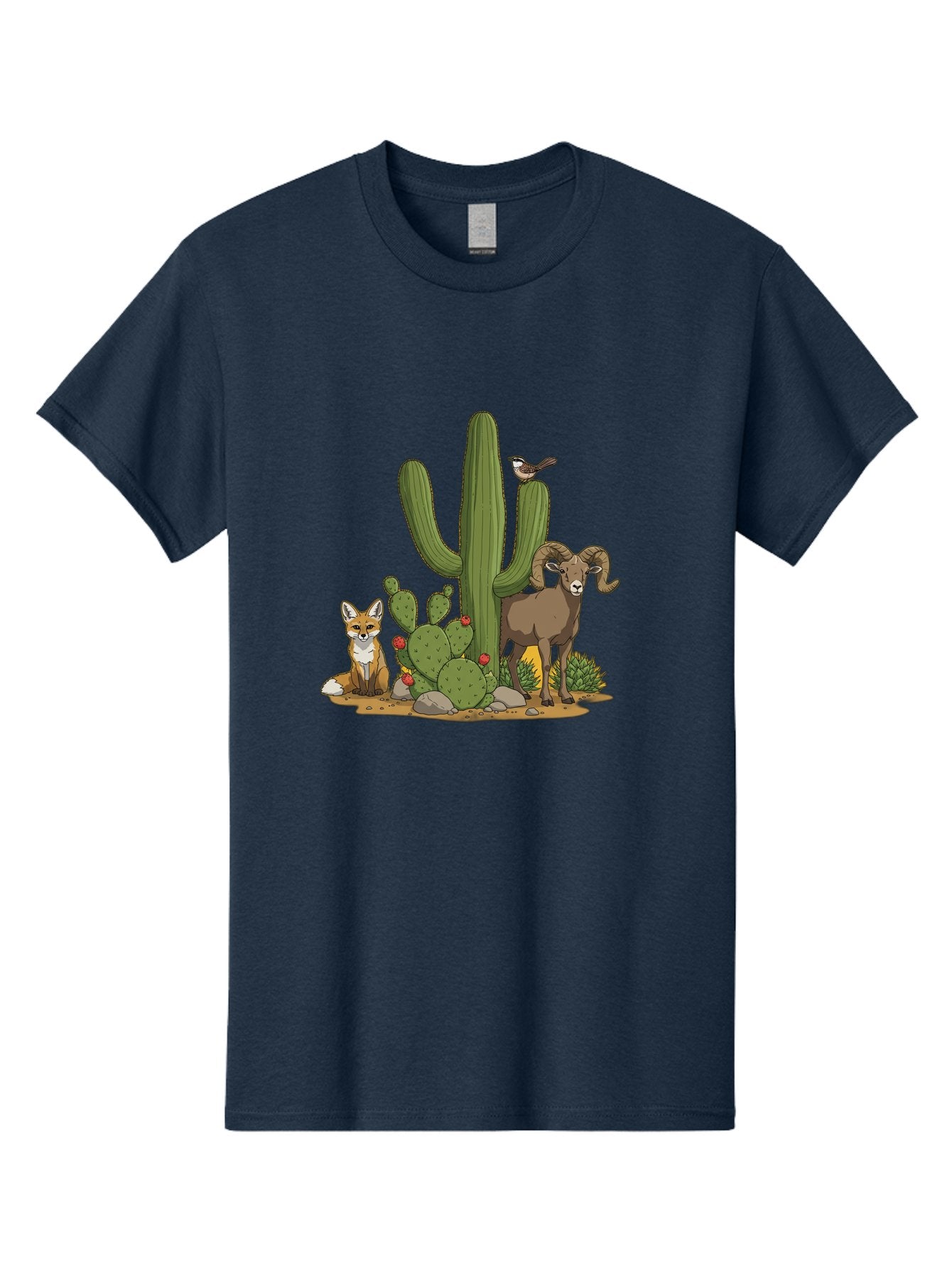 Desert-Animals Men'S Graphic Tee, 100% Cotton, Comfortable Casual Summer Wear, Machine Washable, Desert Wildlife, Coyote Sitting, Bighorn Sheep Standing, Bird Perched On Cactus, Cactus With Red Flowers, Desert Landscape, Wild Animals, Bac984