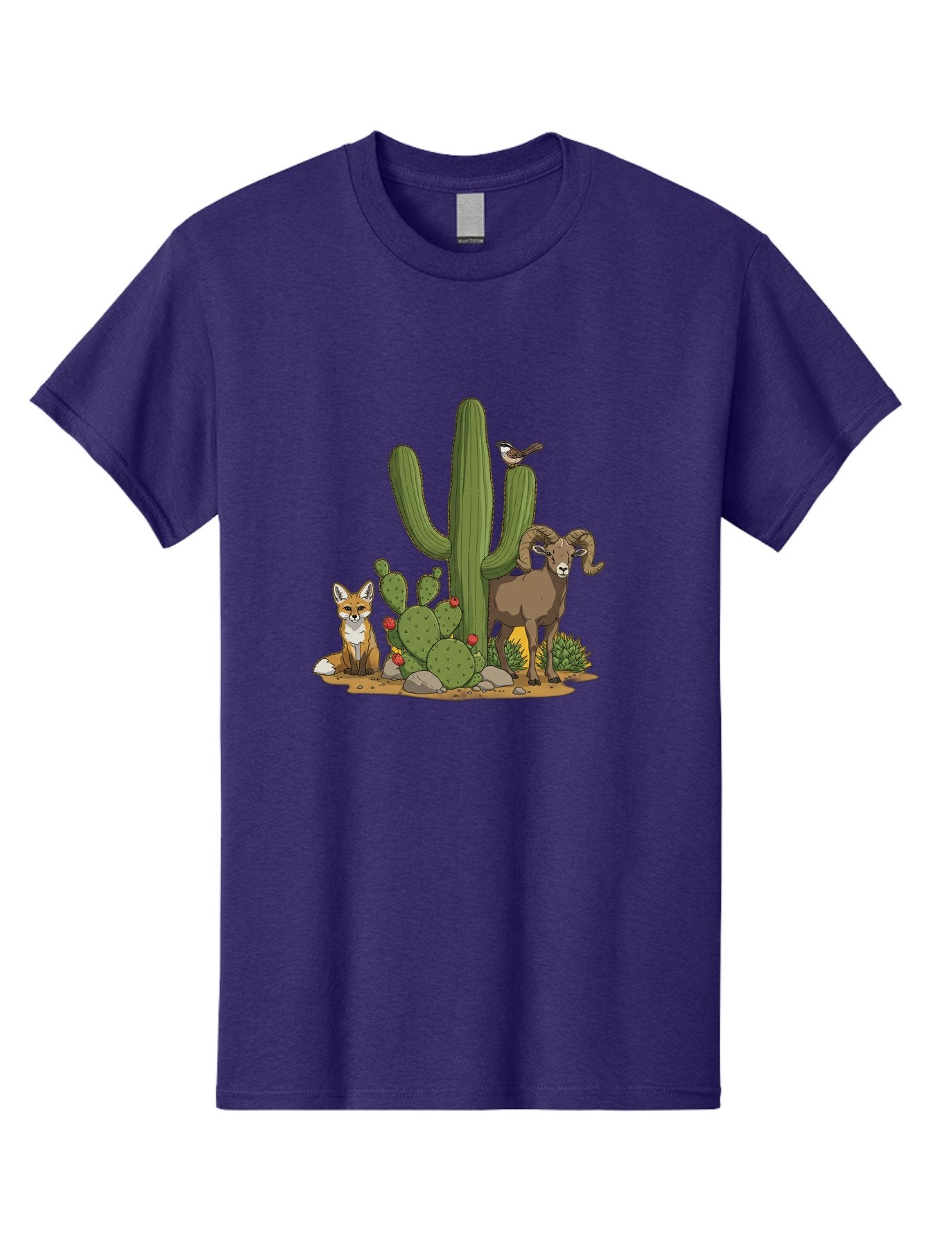 Desert-Animals Men'S Graphic Tee, 100% Cotton, Comfortable Casual Summer Wear, Machine Washable, Desert Wildlife, Coyote Sitting, Bighorn Sheep Standing, Bird Perched On Cactus, Cactus With Red Flowers, Desert Landscape, Wild Animals, Bac984 4