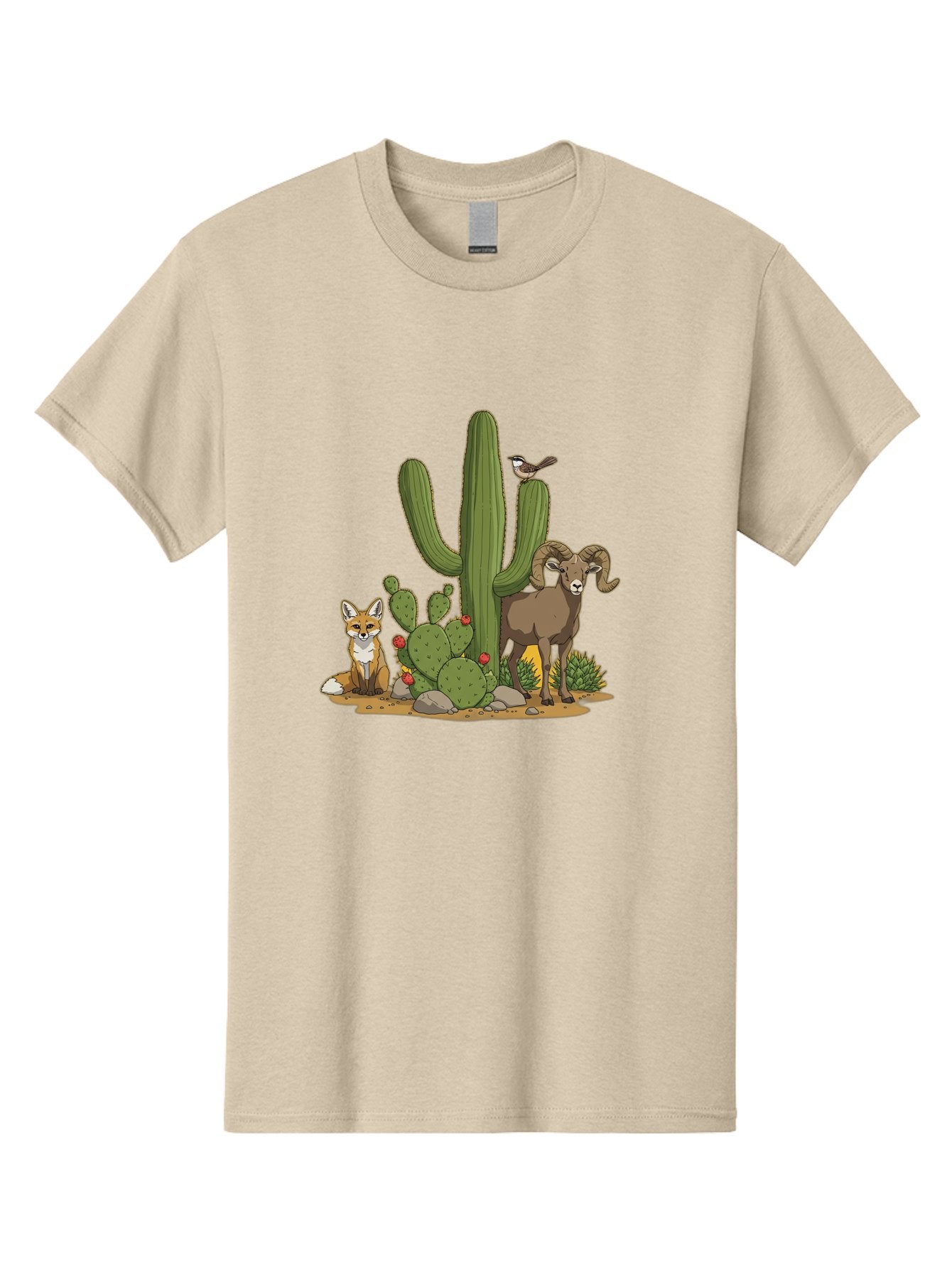 Desert-Animals Men'S Graphic Tee, 100% Cotton, Comfortable Casual Summer Wear, Machine Washable, Desert Wildlife, Coyote Sitting, Bighorn Sheep Standing, Bird Perched On Cactus, Cactus With Red Flowers, Desert Landscape, Wild Animals, Bac984 8