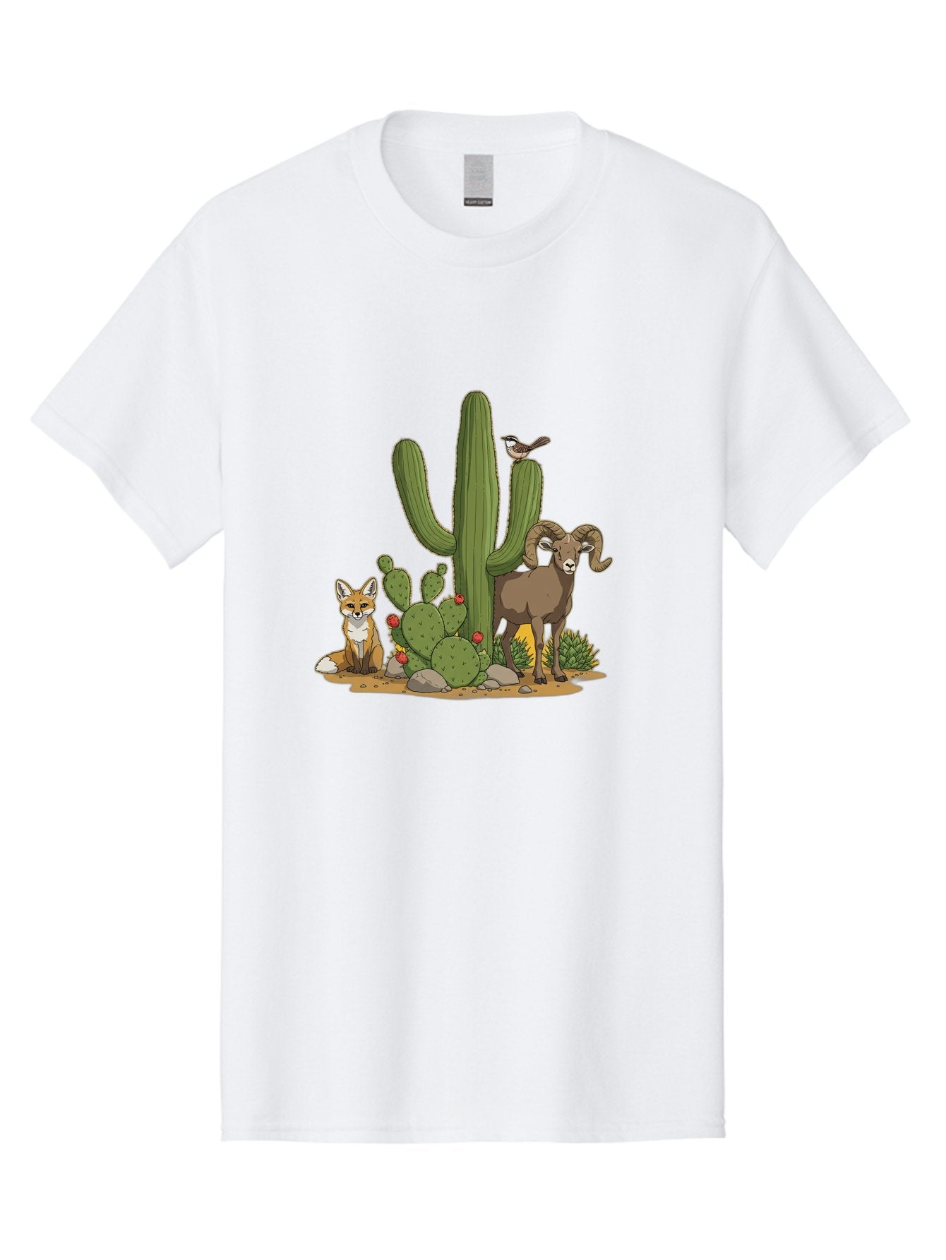 Desert-Animals Men'S Graphic Tee, 100% Cotton, Comfortable Casual Summer Wear, Machine Washable, Desert Wildlife, Coyote Sitting, Bighorn Sheep Standing, Bird Perched On Cactus, Cactus With Red Flowers, Desert Landscape, Wild Animals, Bac984 7