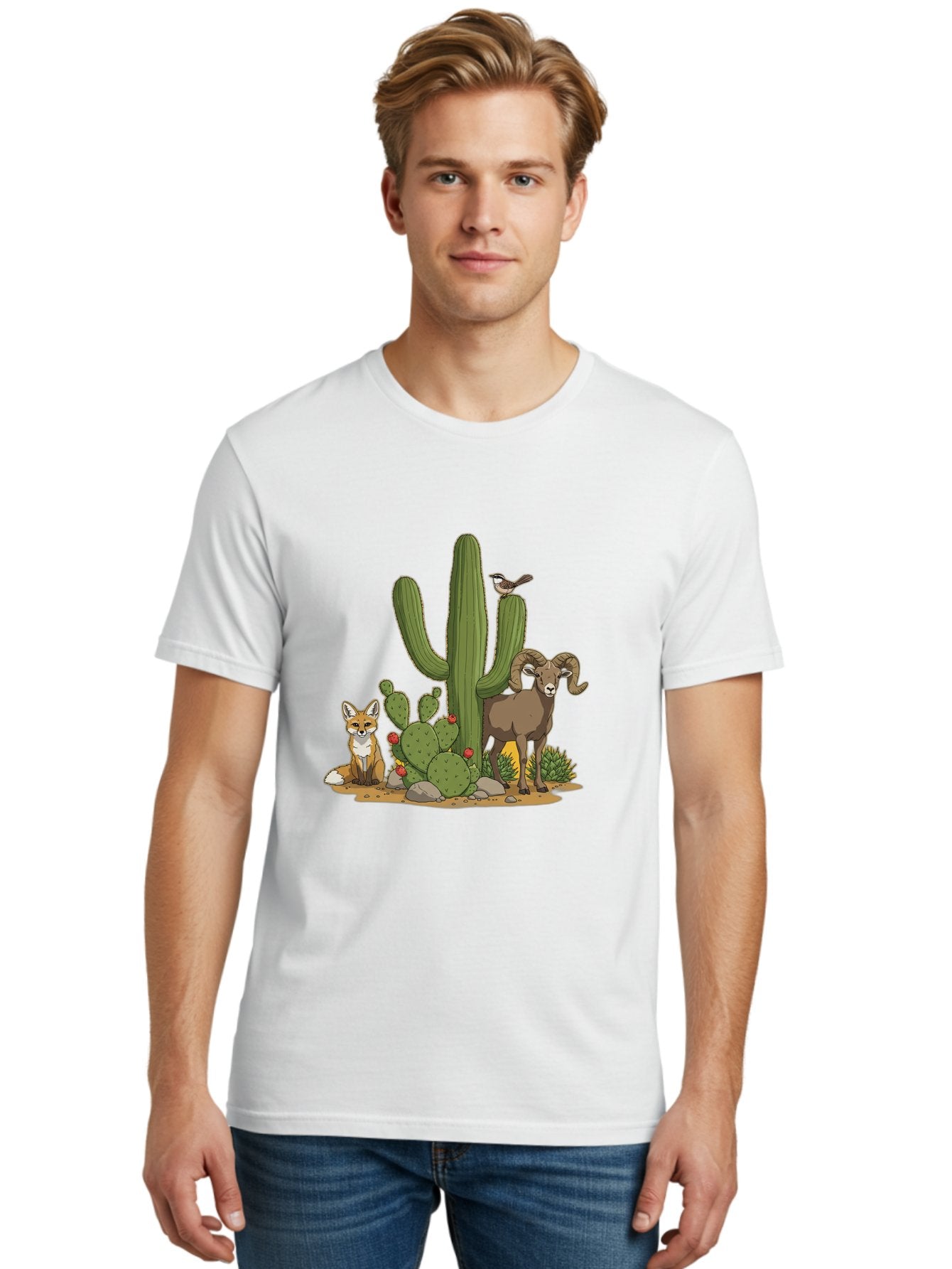 Desert-Animals Men'S Graphic Tee, 100% Cotton, Comfortable Casual Summer Wear, Machine Washable, Desert Wildlife, Coyote Sitting, Bighorn Sheep Standing, Bird Perched On Cactus, Cactus With Red Flowers, Desert Landscape, Wild Animals, Bac984 16