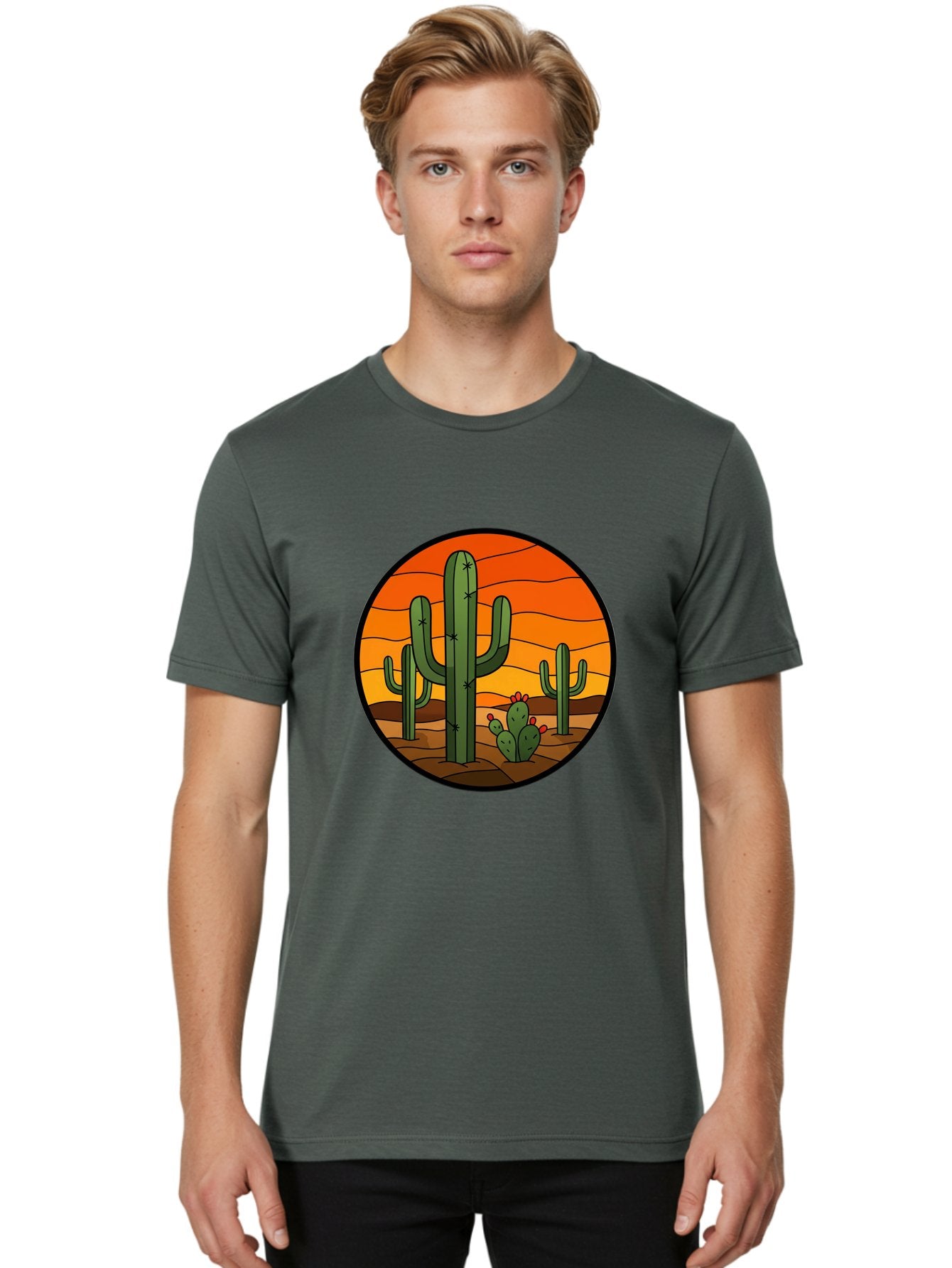 Desert-Cacti-At-Sunset Men'S Graphic Tee, 100% Cotton, Comfortable Casual Summer Wear, Machine Washable, Desert Landscape, Cacti, Saguaro Cactus, Sunset, Orange Sky, Warm Colors, Desert Scenery, Dry Terrain, Prickly Pear Cactus, Bac985 18