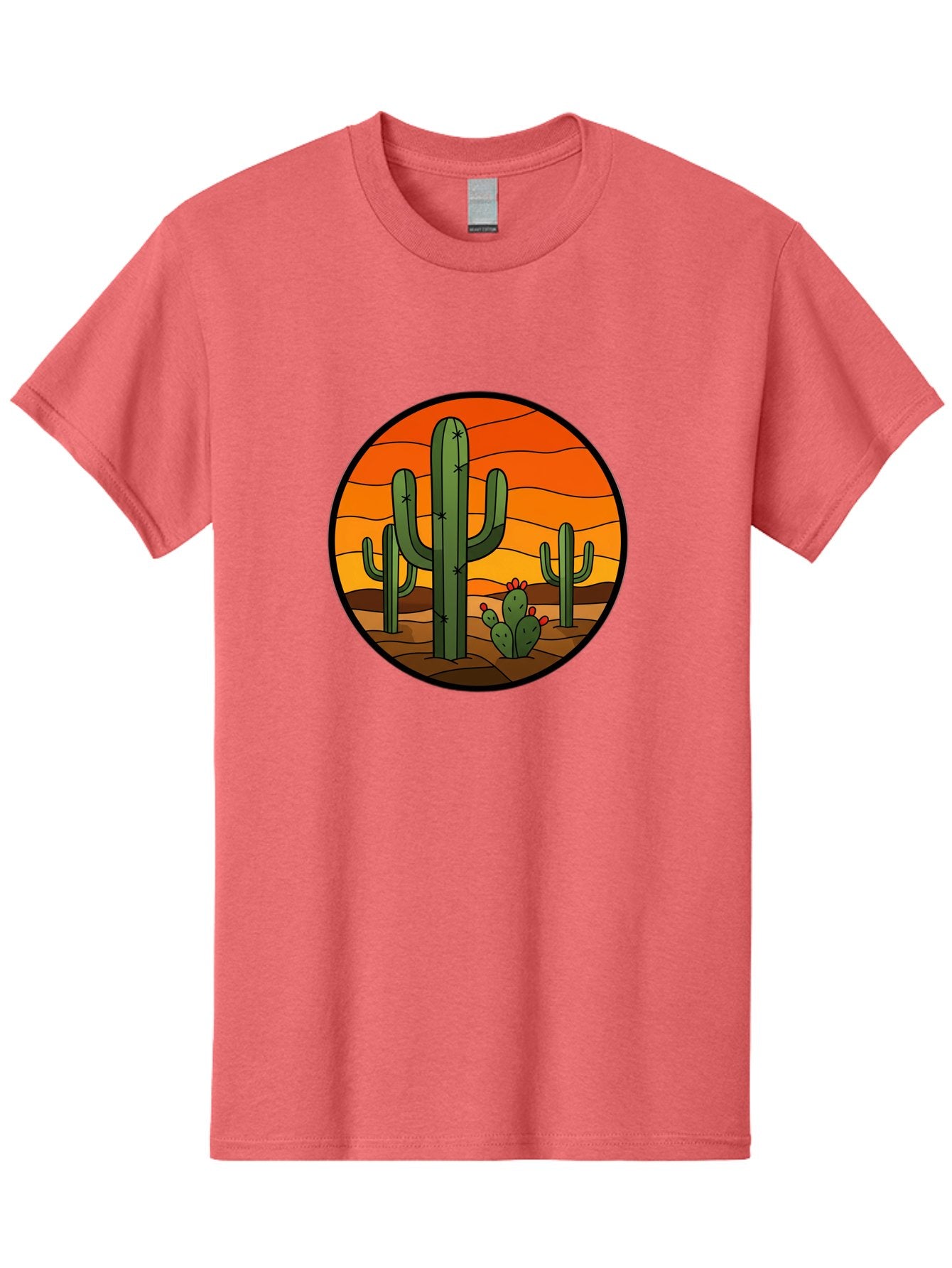 Desert-Cacti-At-Sunset Men'S Graphic Tee, 100% Cotton, Comfortable Casual Summer Wear, Machine Washable, Desert Landscape, Cacti, Saguaro Cactus, Sunset, Orange Sky, Warm Colors, Desert Scenery, Dry Terrain, Prickly Pear Cactus, Bac985 7