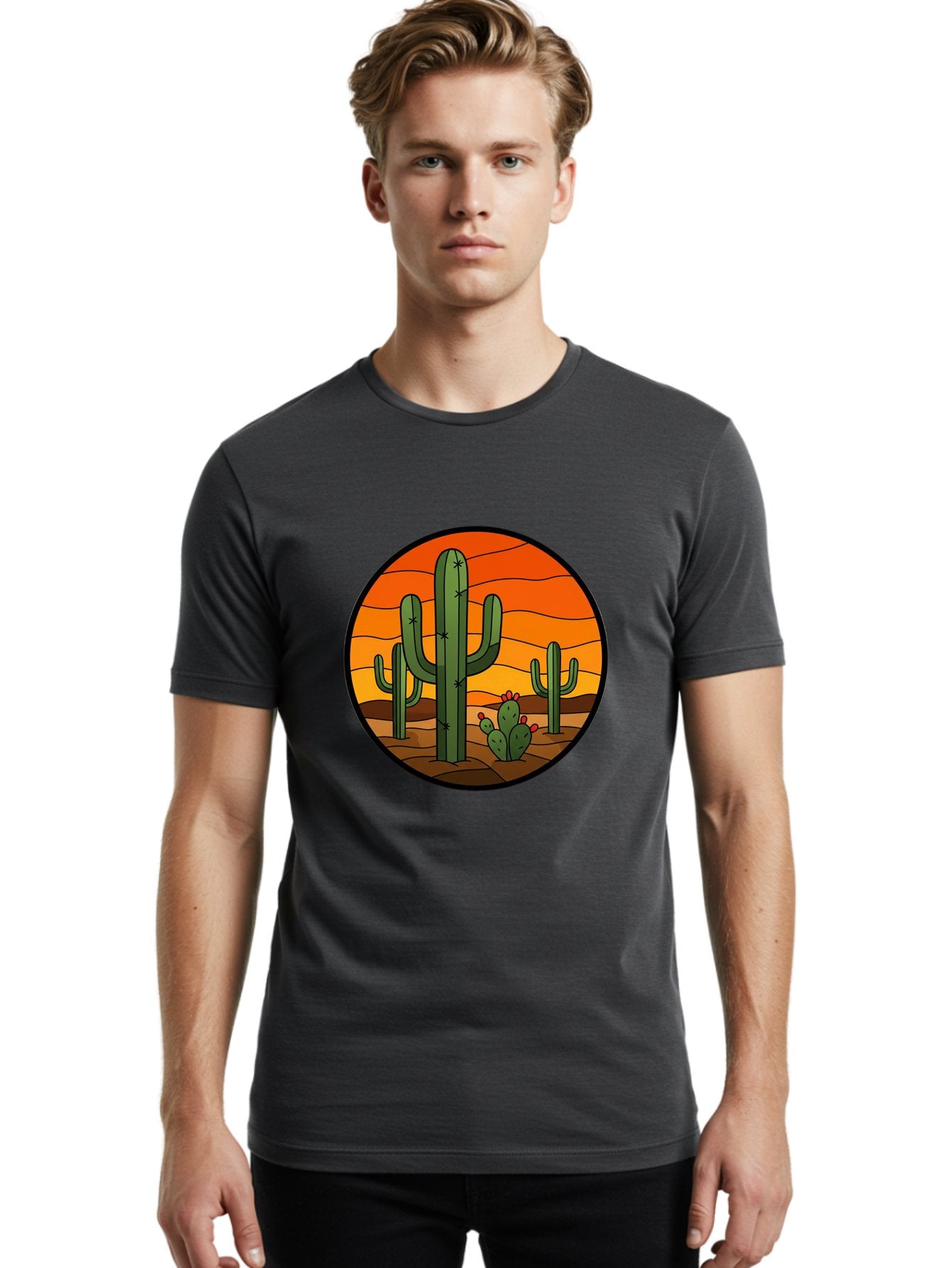 Desert-Cacti-At-Sunset Men'S Graphic Tee, 100% Cotton, Comfortable Casual Summer Wear, Machine Washable, Desert Landscape, Cacti, Saguaro Cactus, Sunset, Orange Sky, Warm Colors, Desert Scenery, Dry Terrain, Prickly Pear Cactus, Bac985 30