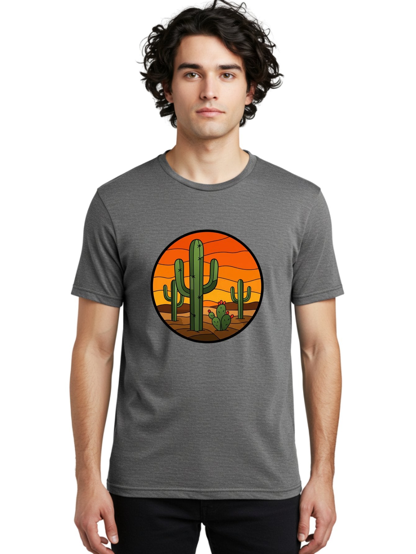Desert-Cacti-At-Sunset Men'S Graphic Tee, 100% Cotton, Comfortable Casual Summer Wear, Machine Washable, Desert Landscape, Cacti, Saguaro Cactus, Sunset, Orange Sky, Warm Colors, Desert Scenery, Dry Terrain, Prickly Pear Cactus, Bac985 17
